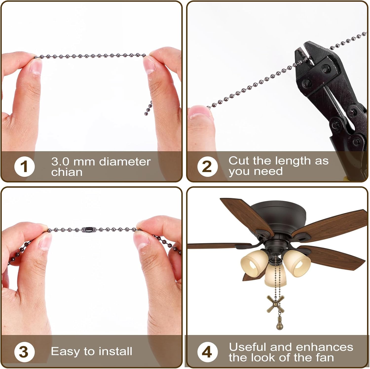 Ceiling Fan Pull Chain Ornaments, 13.6 Inches Fan Pulls Extension Chains Set, Decorative Metal Light Bulb and Fan Cord, Ultra Long 3mm Diameter Beaded Ball Pull Chains for Lamp