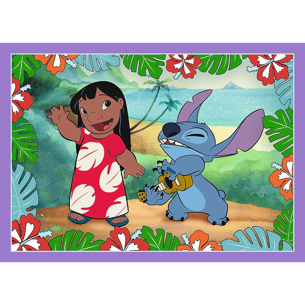 Trefl - Lilo & Stitch, Szalony dzień Lilo & Stitch - Puzzle 4w1, 4 Układanki, od 35 do 70 Elementów - Różny Stopień Trudności, Kolorowe Puzzle z Bohaterami Bajki, Zabawa dla Dzieci od 4 lat
