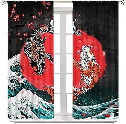 Vista 2 de Cortinas japonesas de pez koi, estilo asiático Koi Big Wave Koi, cortina con bolsillo para cortinero para dormitorio, cocina, sala de estar, Koi