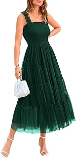 Women's 2025 Summer Midi Dress Casual Sleeveless Square Neck Smocked Ruffle Tulle Party Wedding Guest Dresses - Buy now