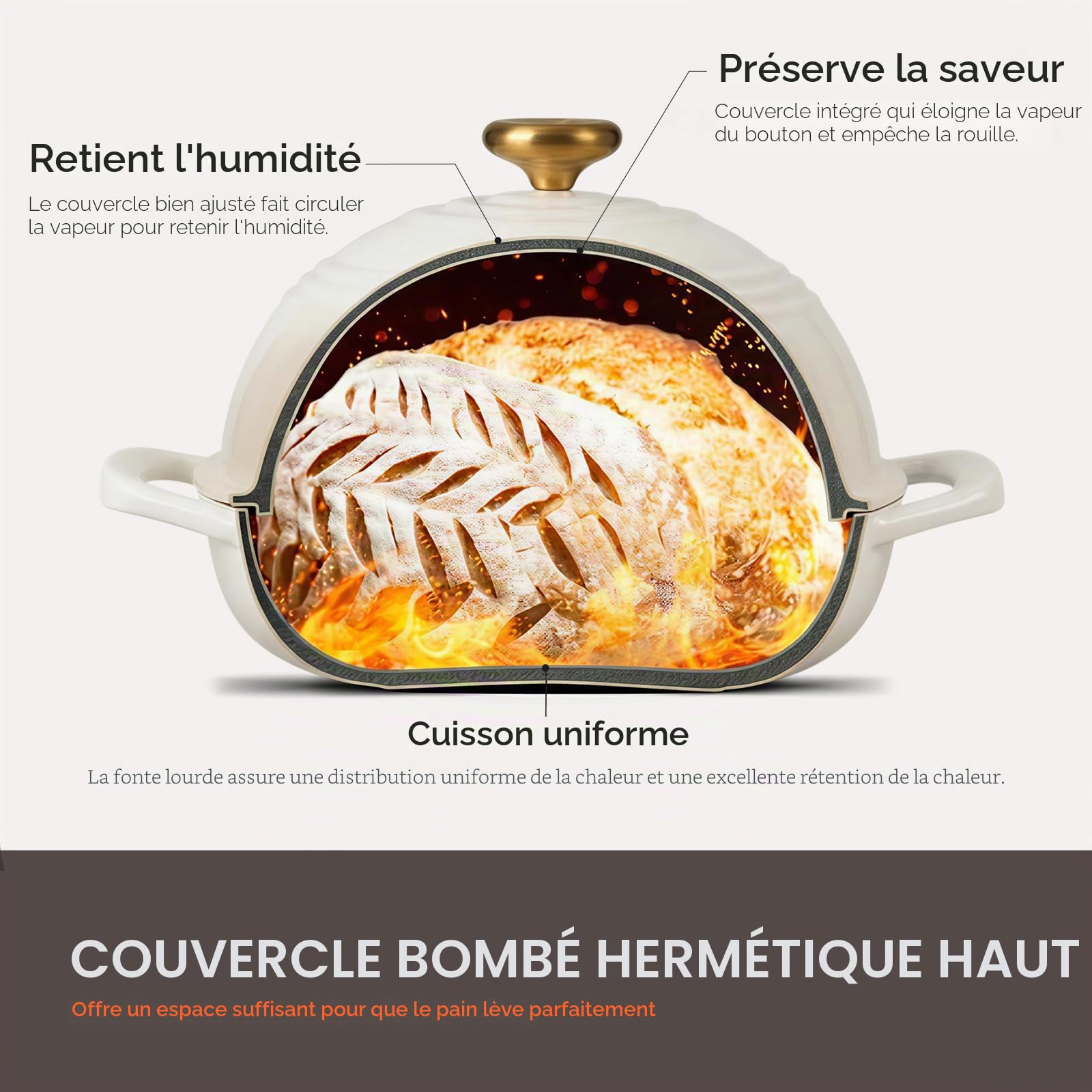 OVERMONT Cocotte à Pain en Fonte Émaillée 5,7 L, Tous Feux, Blanc | Pour pain au levain à croûte croustillante : base peu profonde, couvercle bombé, induction, four 260 °C et recettes.