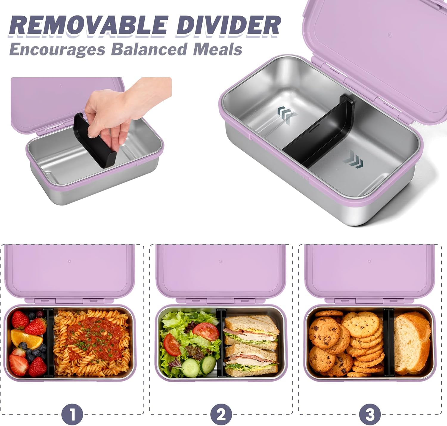Stainless Steel Lunch Box, Leak-Proof Metal Bento Box with Adjustable Divider, Lunch Container for School Office Picnics & Travel, Microwave-Safe, Purple