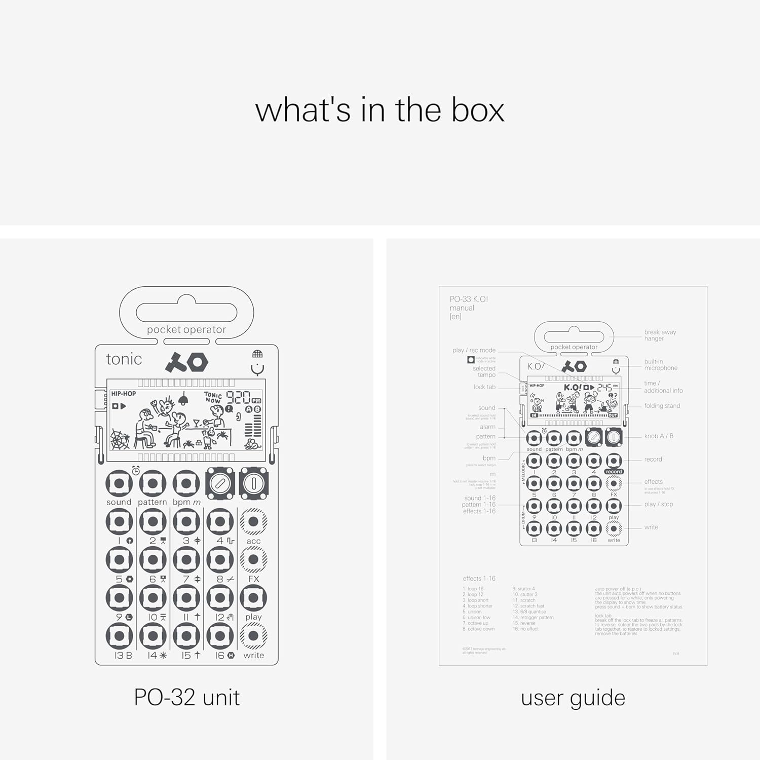 Contents of the PO-32 Tonic box, showing the unit and user guide