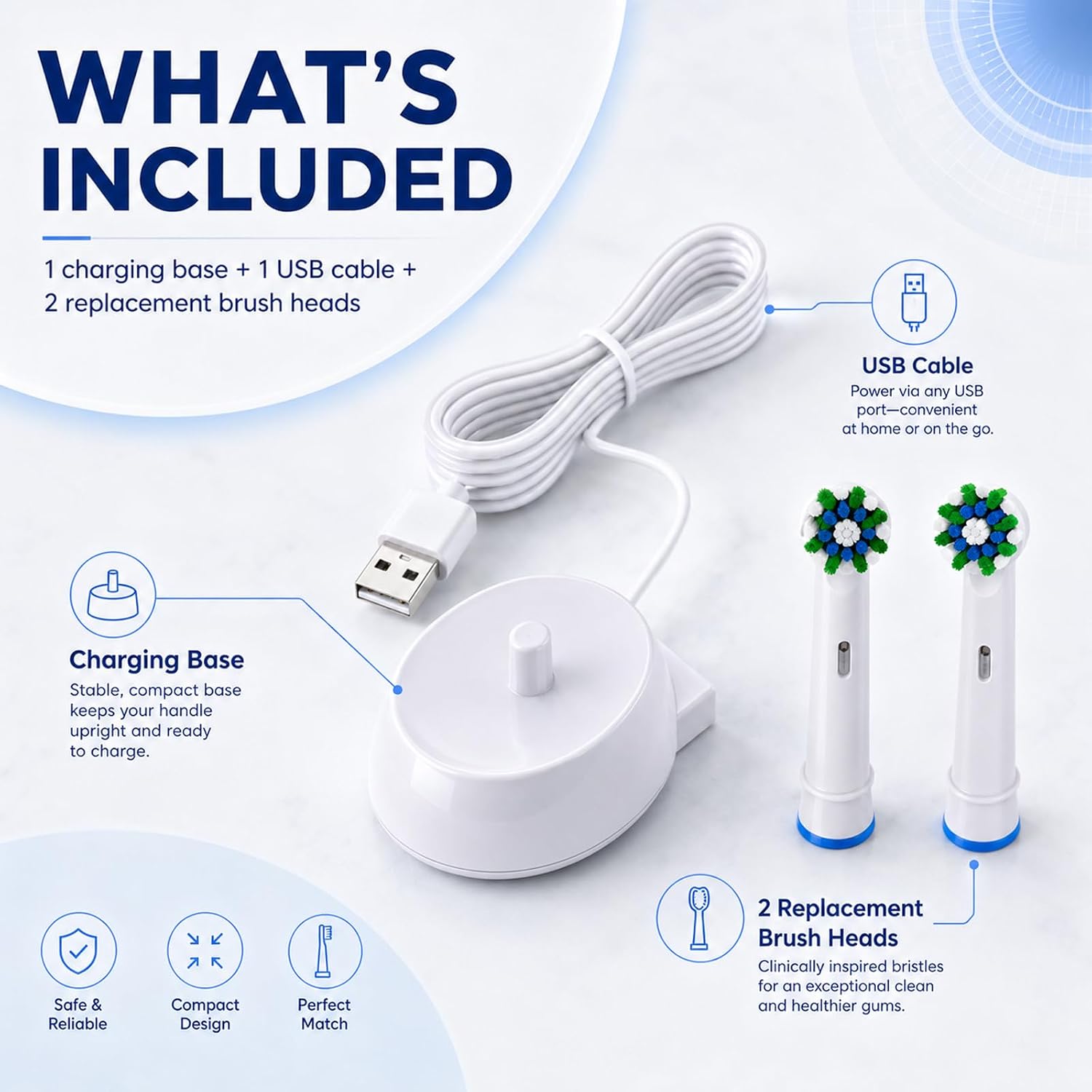Replacement Charger for Oral B Electric Toothbrush, USB Charging Base with Cord Compatible with Oral-B Braun IO Series 3 4 5 6, 3757, IPX7 Waterproof Inductive Charger Stand for Travel, Hygiene White