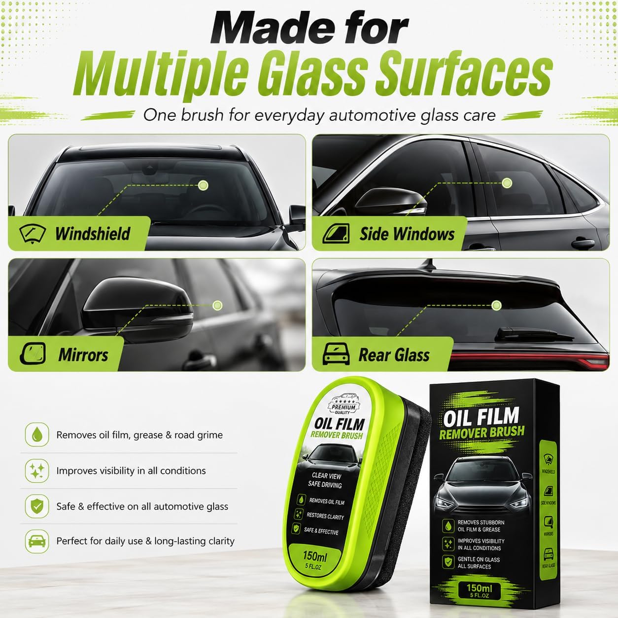 Windshield Oil Film Remover Brush, 150ml Glass Cleaning Compound for Car Windshield Side Windows & Mirrors, Heavy Duty Traffic Film & Grease Cleaner, Clear Vision Glass Polish, Green