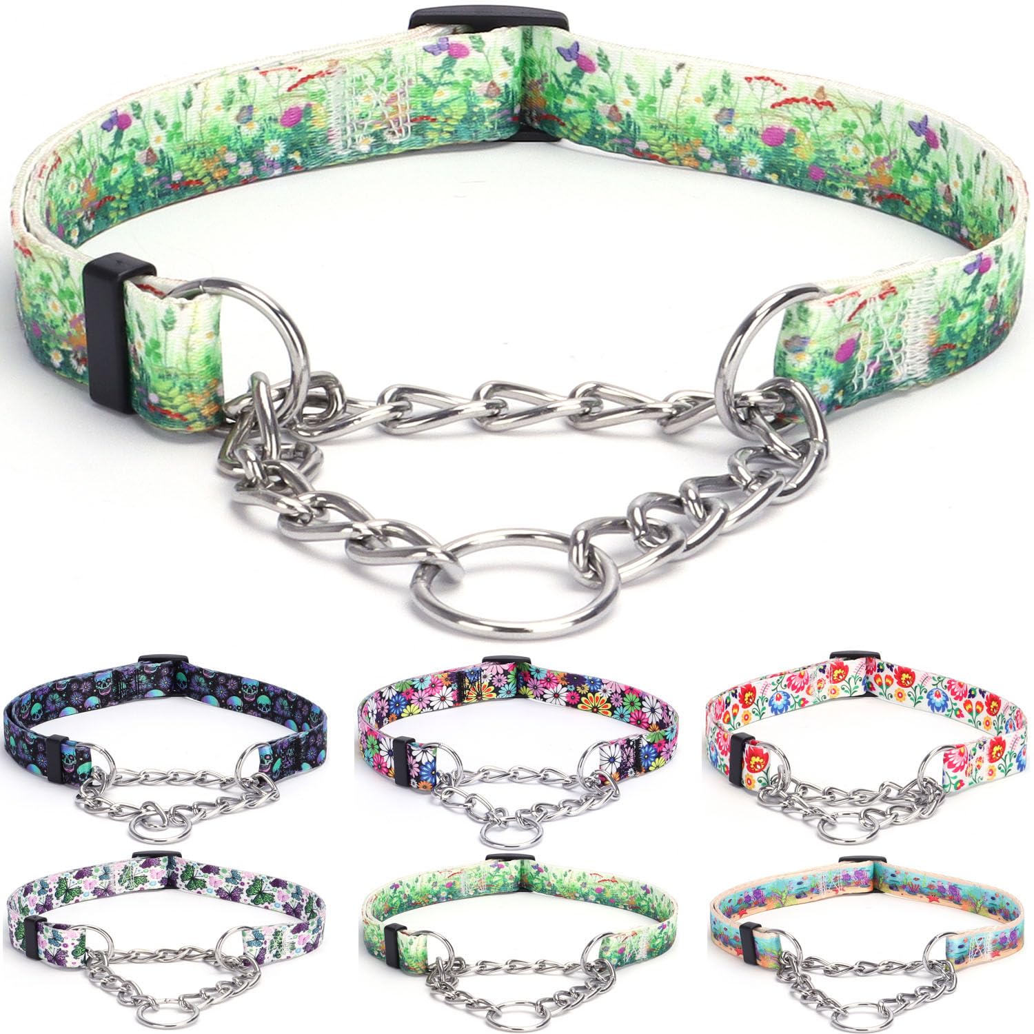 Martingale Hundehalsband Mit Edelstahlkette & Blumen-Design – Verstellbar, Für Große & Kleine Hunde, Größe M
