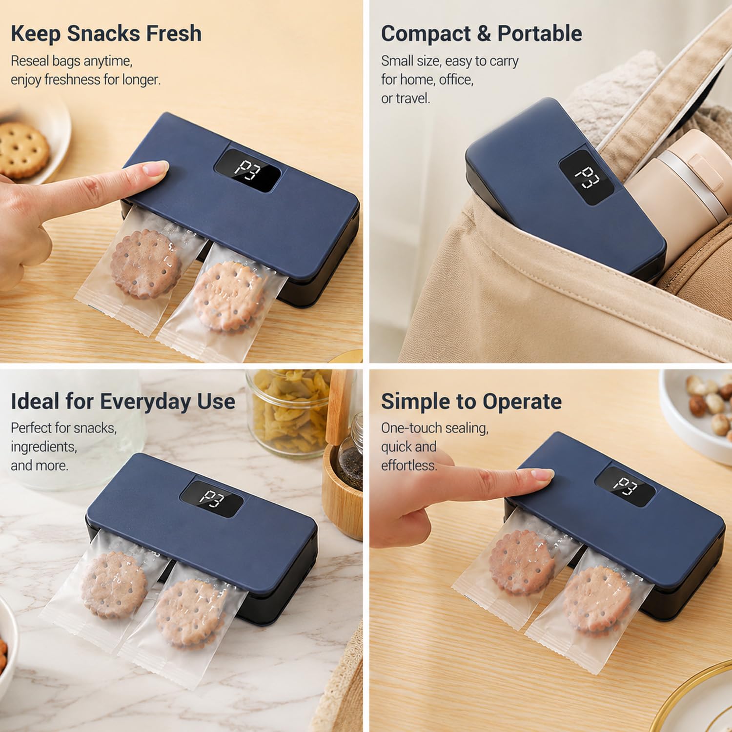 Mini sellador térmico recargable, máquina de sellado portátil de mano con pantalla digital, parte trasera magnética, ideal para bolsas de aperitivos, cocina y viajes, 6 ajustes de velocidad
