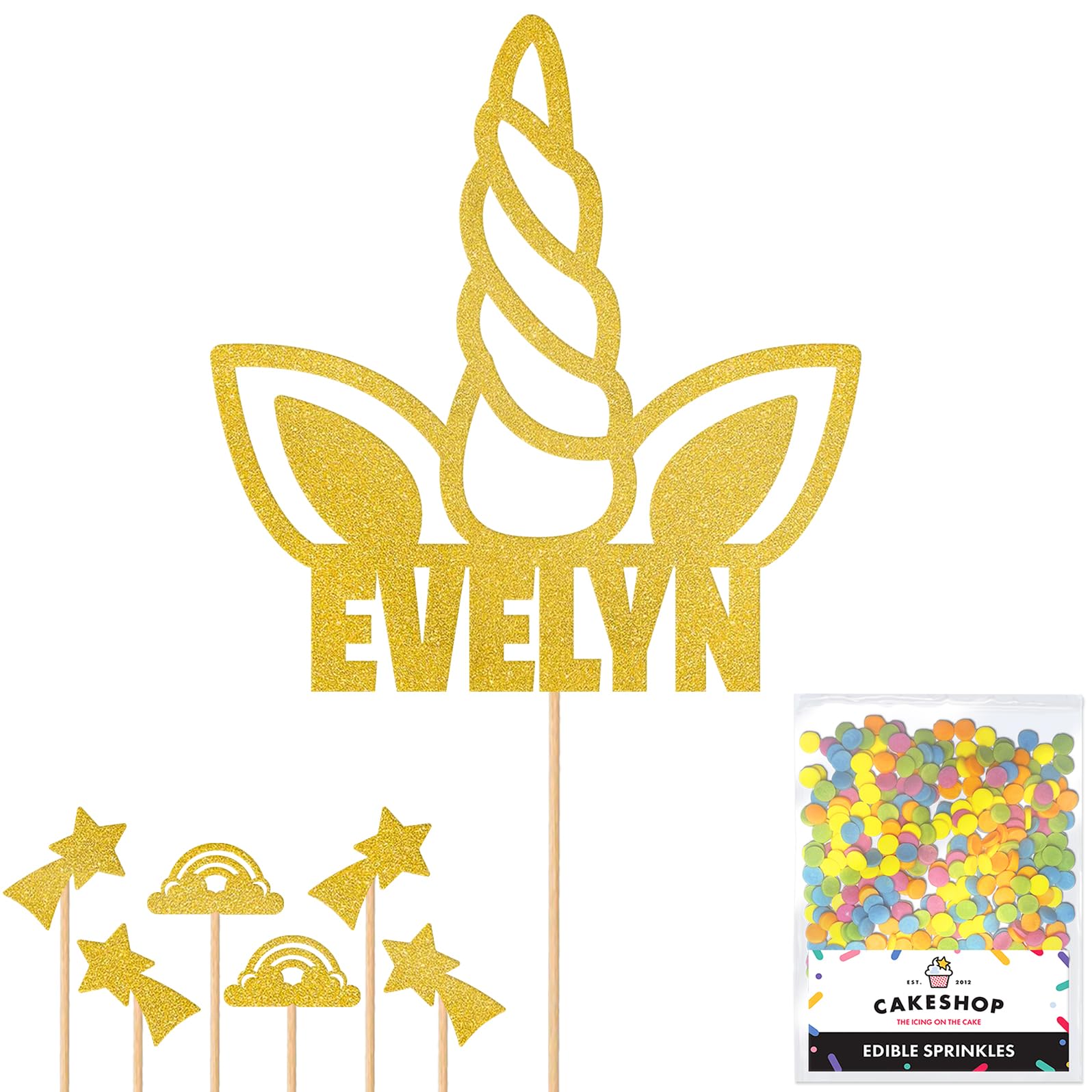 Personalised Unicorn Horn Glitter Cake Topper- Gold Any Custom Name Glitter Cake Decoration and Sprinkles - Happy Birthday Decorations - Personalised Toppers for Cakes by Cakeshop