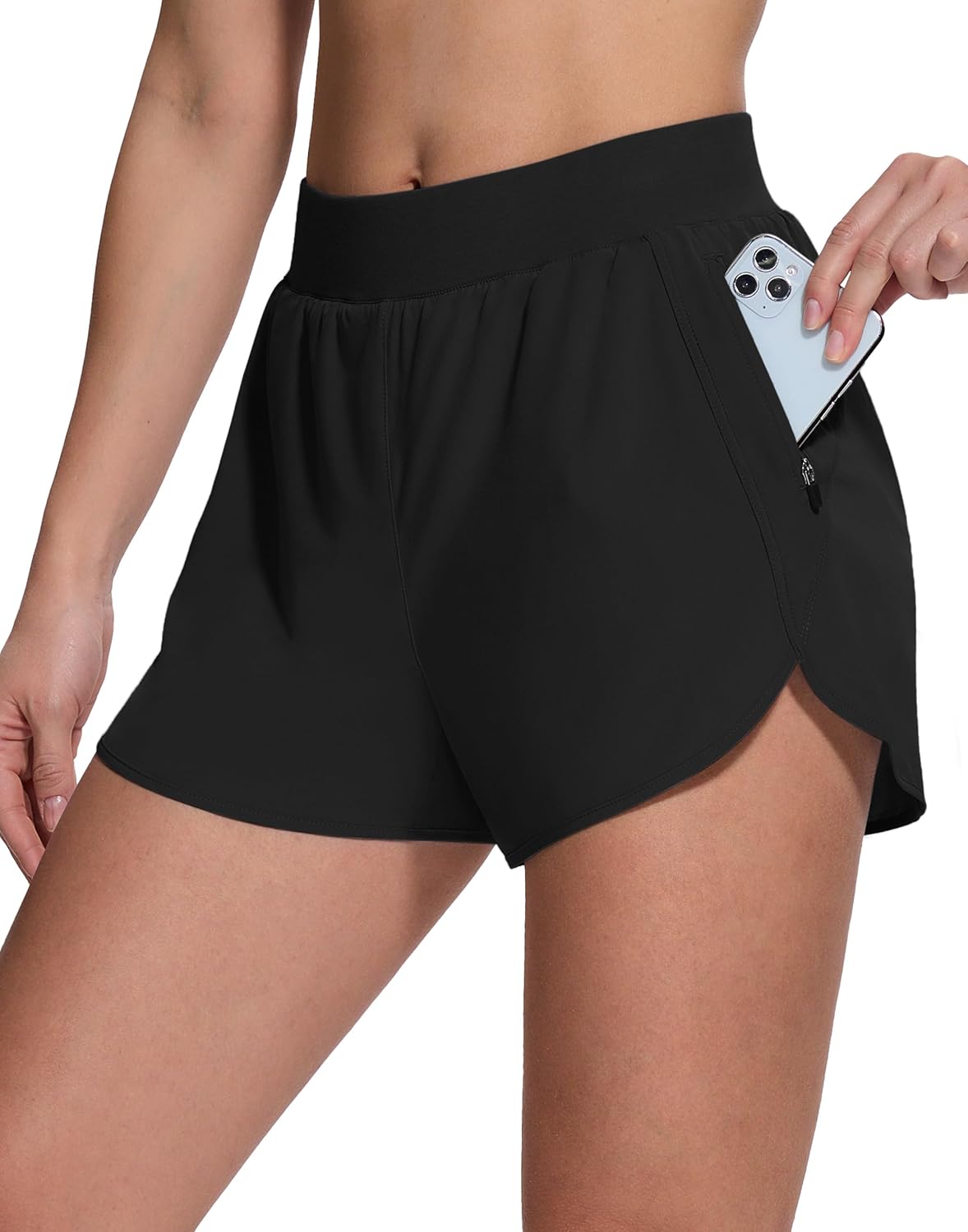 Womens High Waisted Running Shorts Quick Dry Stretch Workout Dolphin Shorts with Zip Pocket for Gym Athletic Tennis