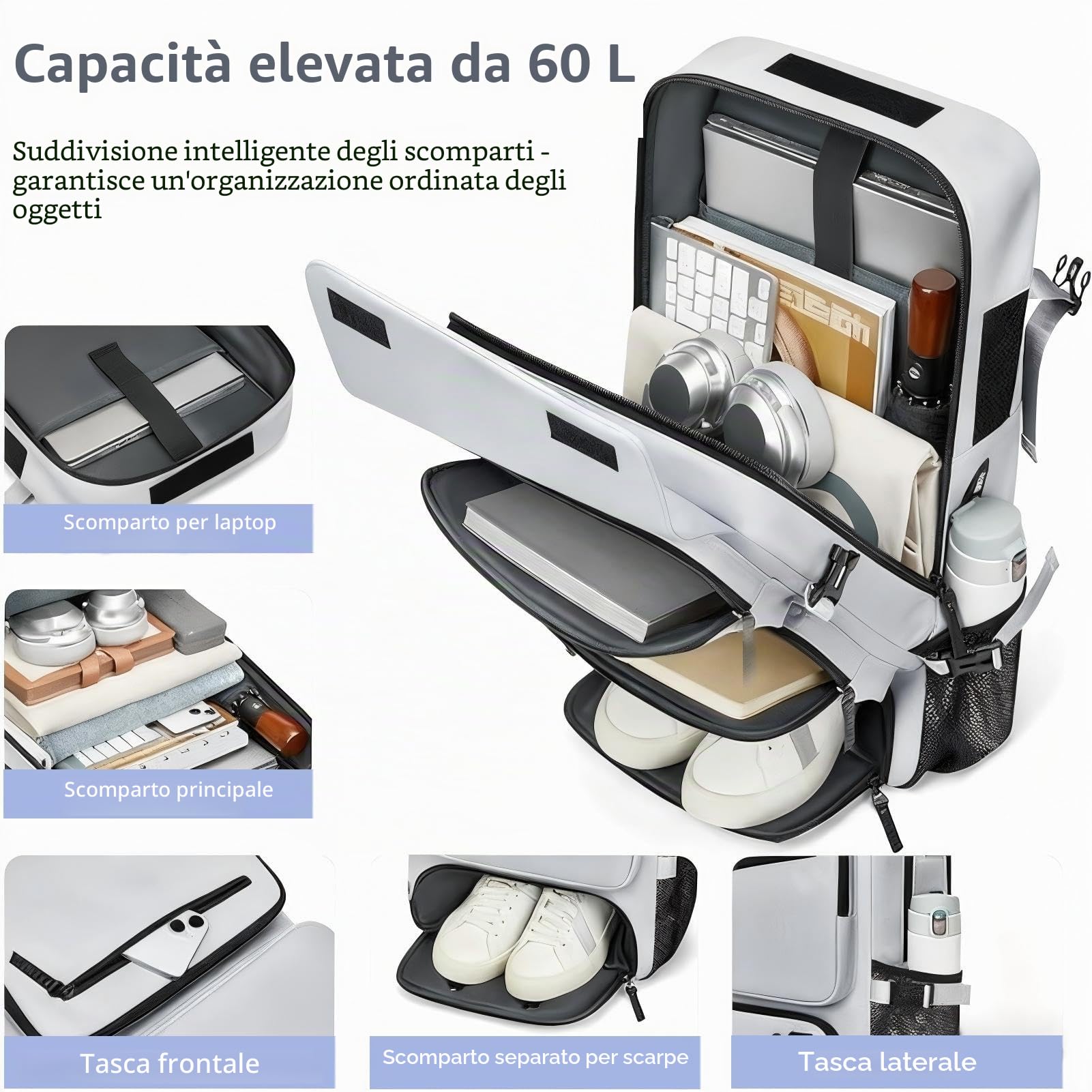 CORATED Zaino Unisex Espandibile da Viaggio, Zaino per Laptop con Scomparto Separato per Scarpe, Adatto come Bagaglio a Mano, Ideale per Viaggi, Lavoro e Escursioni, grigio argentato, L, Zainetto