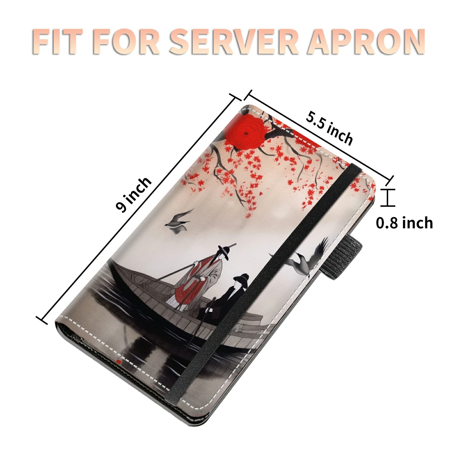 High Volume Server Books, Wash Painting Server Book w/ 2 Expandable Pockets 9 x 5 Cute Waitress Book Zipper Pocket & Strap Closure Waitstaff Organizer Server Booklet Waiter Money Wallet