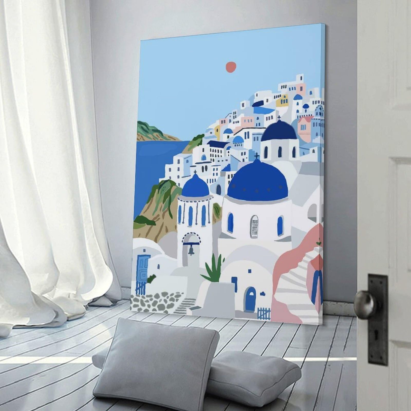Junmoney Hanging Wall Art Santorini Greece Illustration, 20x30inch(50x75cm), for Wall Displays, Bedrooms Or Room Updates, Decorative Artwork with Flexible Styling