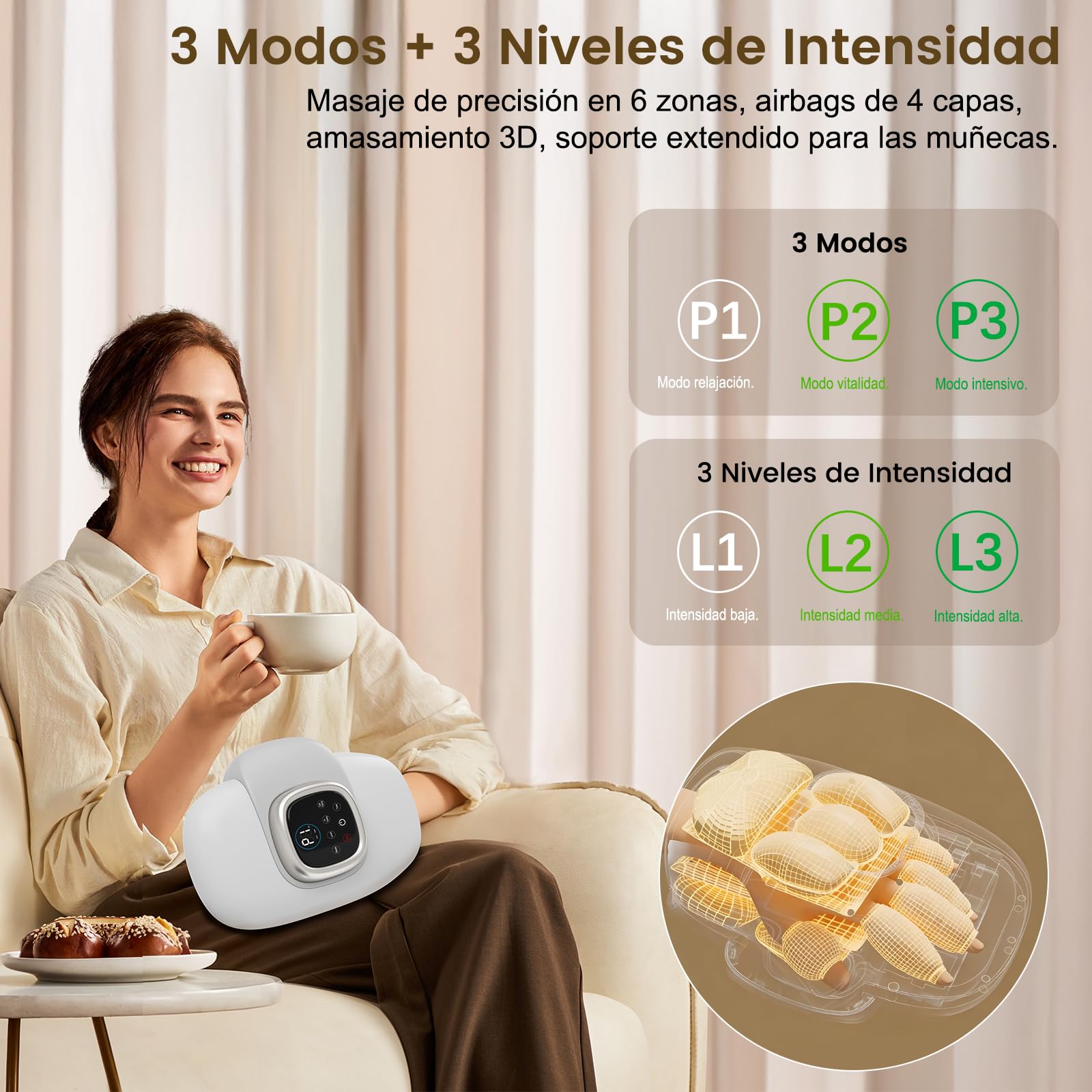 Masajeador de Manos, Masajeador Mano con 3 Mode 3 Velocidades de Compresión por Airbag, Masaje para Calor, MuñEcas con Función de Memoria, con Luz Roja, Azul Y Verde, Alivia El Dolor