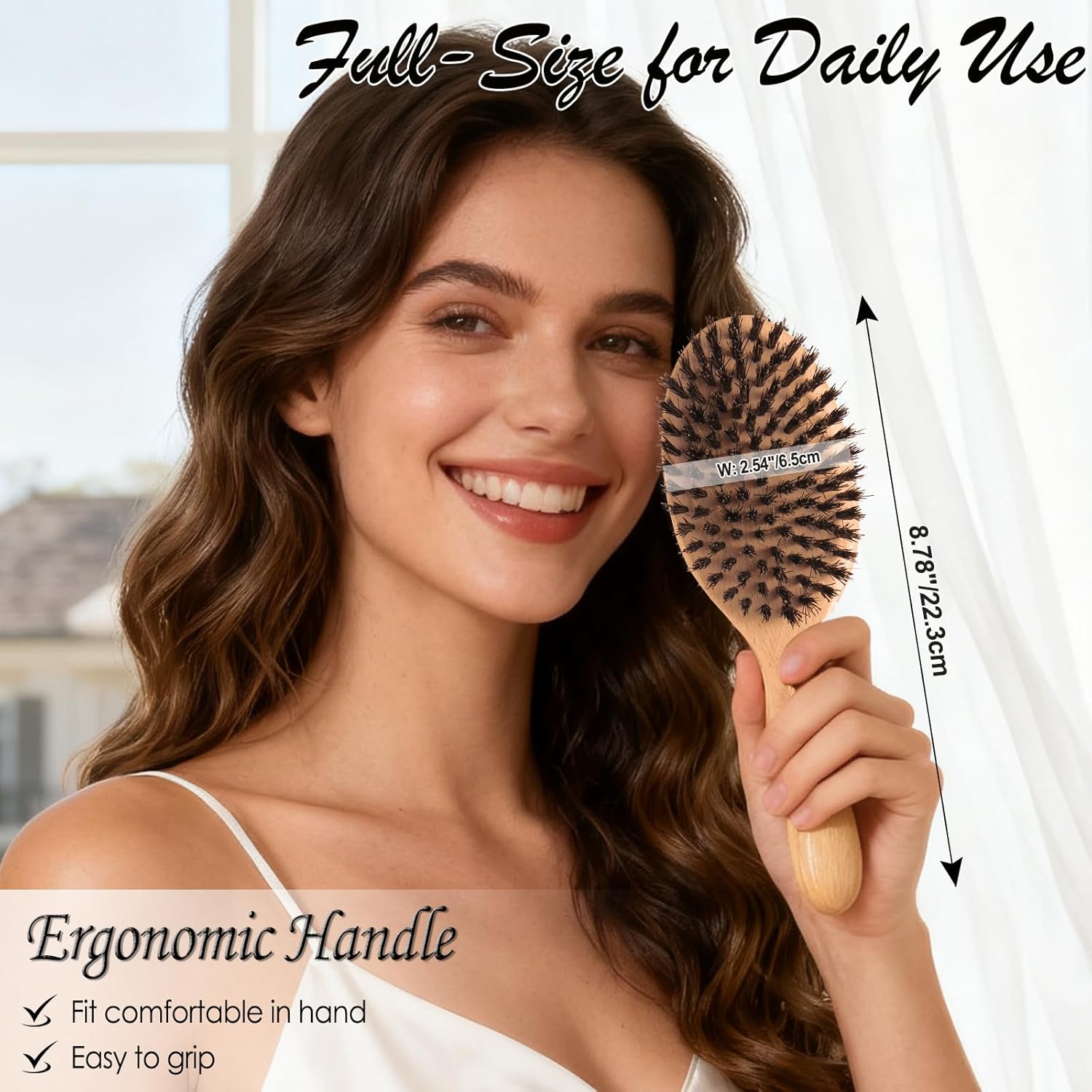 Boar Bristle Hair Brush, 100% Pure Hard Boar Bristle Hair Brushes for Women Men Thin Fine Hair Smooth Frizz Enhence Shine - Image 4