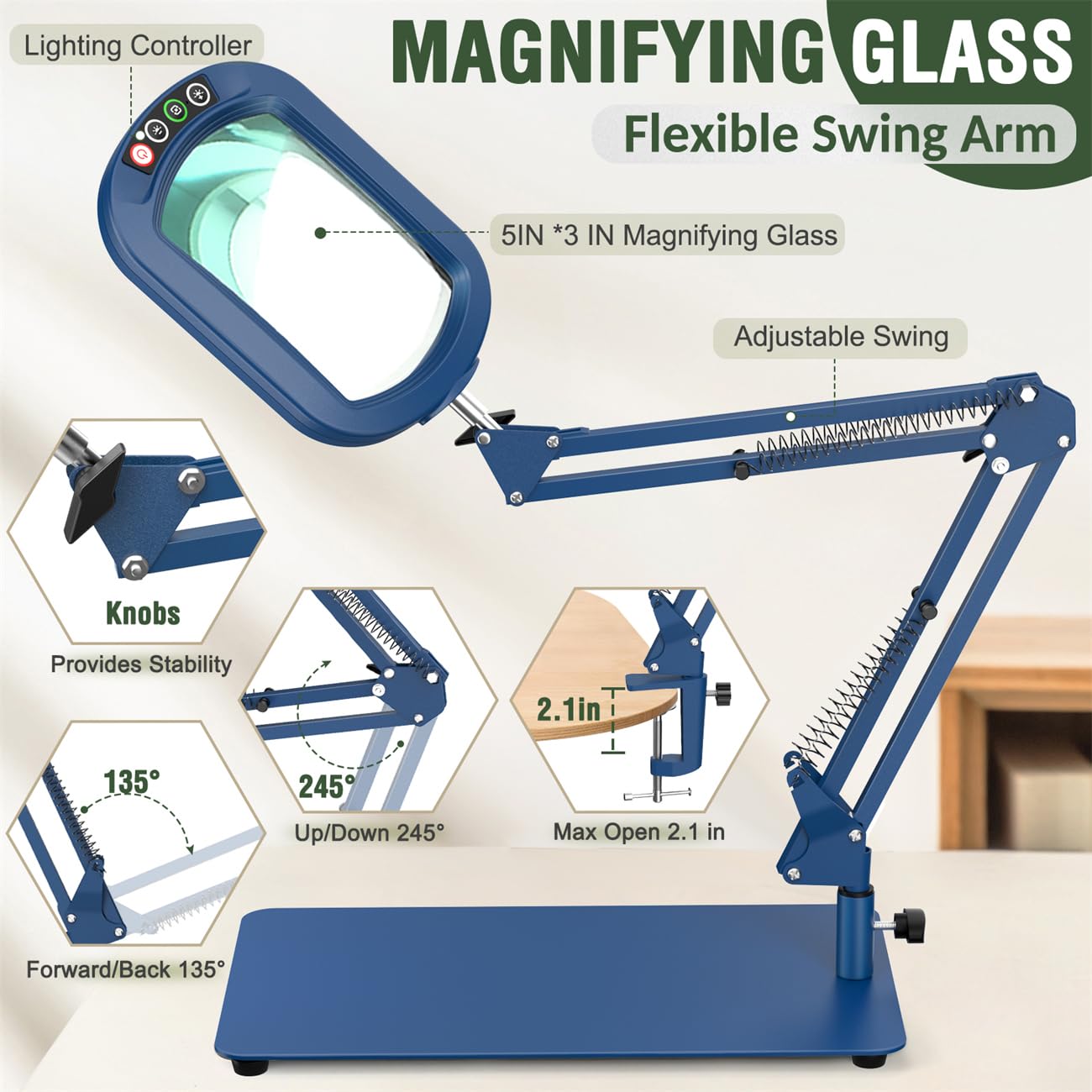 Veemagni Lupa rectangular de 10 aumentos con luz y soporte, 5 modos de color regulable, lámpara de escritorio con luz LED 2 en 1 y abrazadera, lupa manos libres para leer, manualidades, pintura
