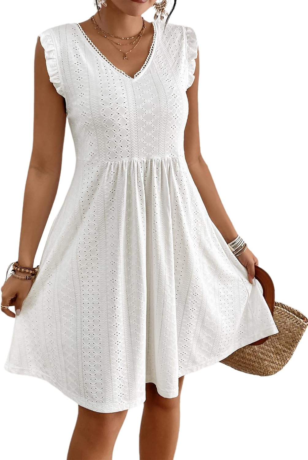 Bsubseach Womens Swimsuit Eyelet Sleeveless Coverup Bathing Suit Cover Up V Neck Swim Cover Ups 2025 Summer Beach Tank Dress