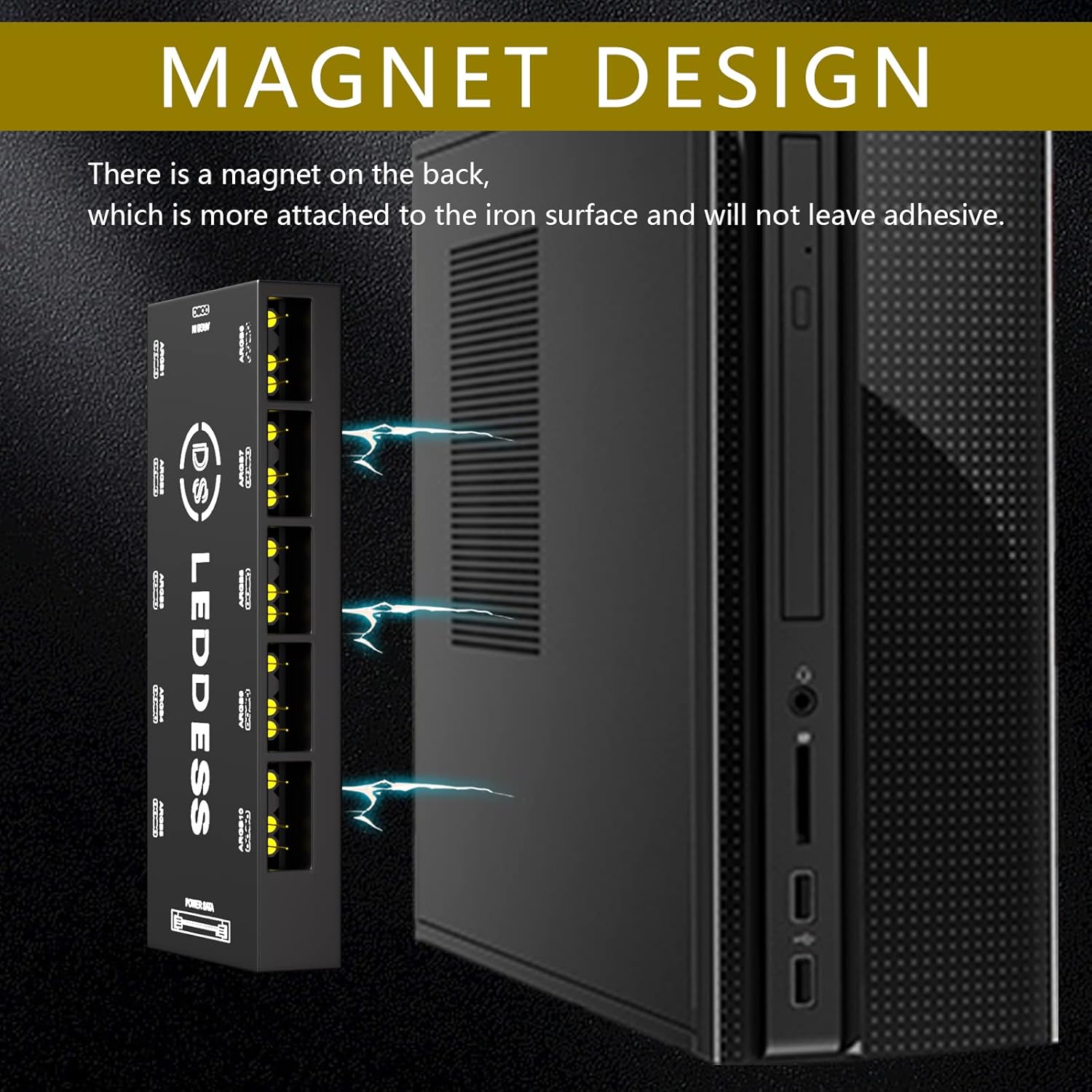 DS leddess ARGB Splitter Hub mounted magnetically inside a PC case