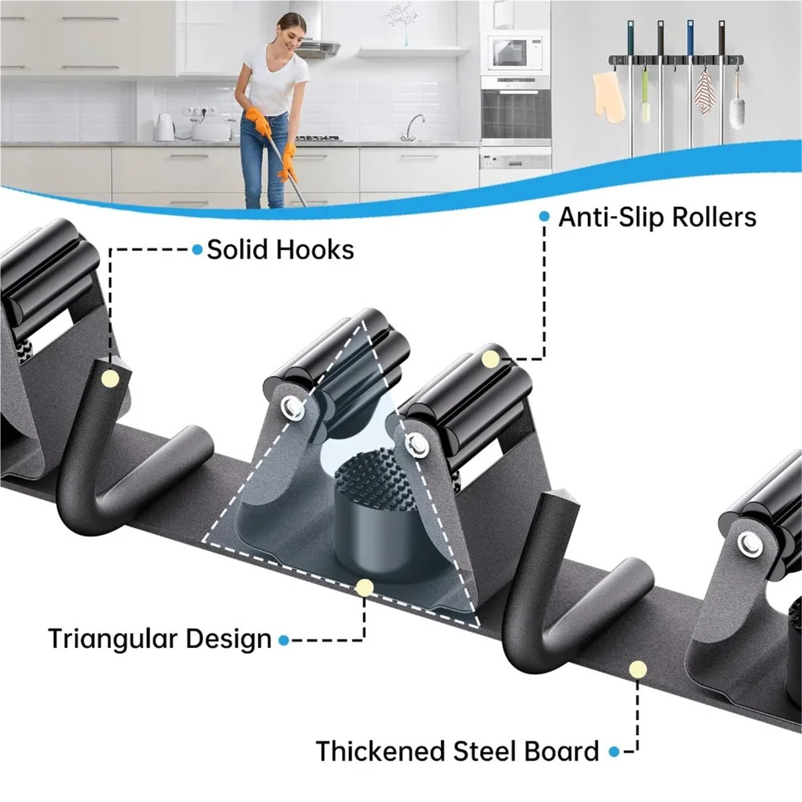 Porta Scope Parete Portautensili in metallo resistente, multifunzionale, salvaspazio, con 4 slot e 5 ganci per cucina