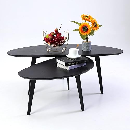 Miniatura 7 de FIRMINANA Mesa auxiliar ovalada negra pequeña para espacios pequeños, mesa central simple y moderna con patas de madera de roble, color negro, 18.9