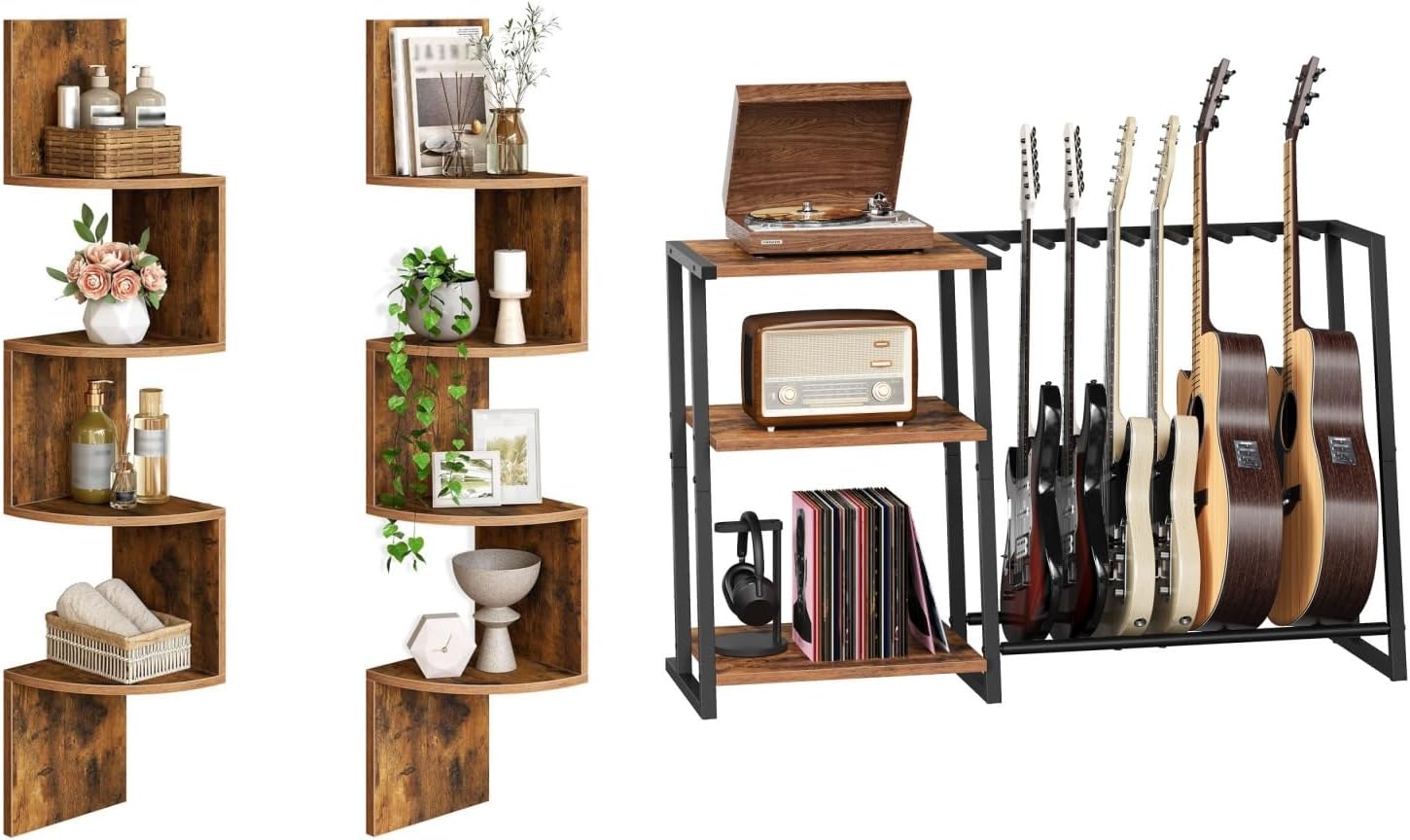HOOBRO Corner Shelf Wall-Mounted and Guitar Stand, Set of 2 Floating Corner Shelves, 3-Tier Guitar Rack with Adjustable Shelf for Record Player, Multi-Function Guitar Holder, BF25BJP201-BF03JT01
