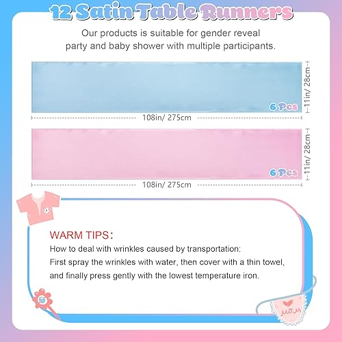 Miniatura 9 de 12 caminos de mesa rosa y azul, camino de mesa de satén de 108 pulgadas para baby shower, revelación de género, camino de mesa de satén de seda azul