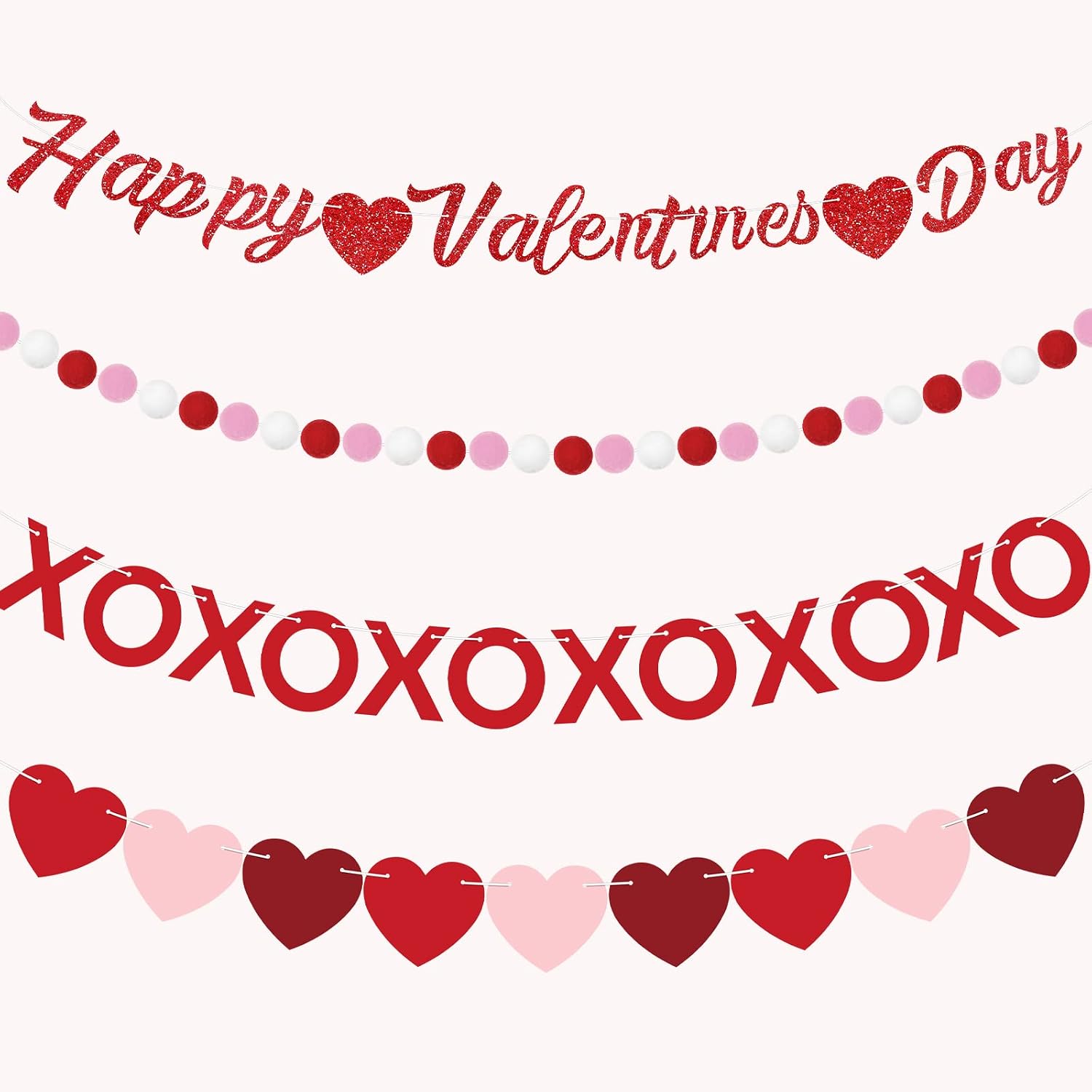 4 Pcs Valentine's Day Decorations Garland Banner with Happy Valentine's Day Banner Pom Pom Ball Red Felt Heart Garland for Anniversary Wedding Party Supplies