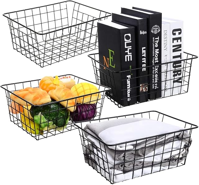 AXABING 4PCS Wire Storage Baskets,Metal Basket for Pantry Organizer Storage, Metal Wire Basket Suitable for Home,Office,Kitchen,Bathroom Storage