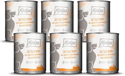 MjAMjAM - Premium Nassfutter für Hunde - saftiges Huhn mit zarter Ente an Möhrchen und gekochter Hirse, 6er Pack (6 x 800 g), naturbelassen mit extra viel Fleisch