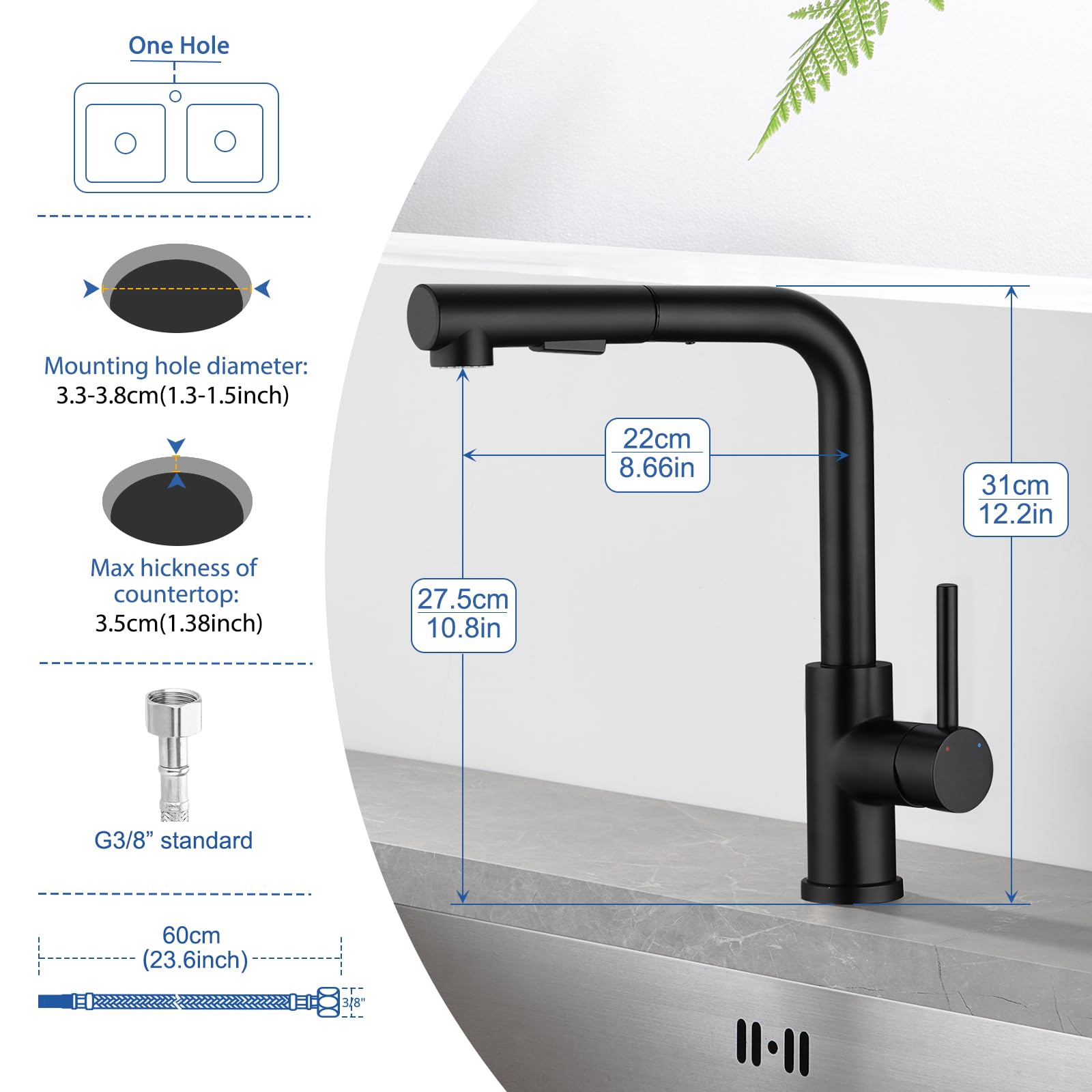 Küchenarmatur mit Brause Ausziehbar, Hochdruck Wasserhahn Küche Schwarz 360° Drehung, Spültischarmatur mit Brause zwei Wasserstrahlarten, Küchenwasserhahn aus Edelstahl, Mischbatterie