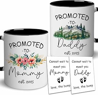 GLAKEUN Promoted to Parents - Gifts for Parents to be 2025 - Mommy and Daddy Gift Set - Gifts for Expecting Parent - Mom Dad Mugs - Gift for New Mom, Dad - Announcement Mommy Daddy Set Mug, Card