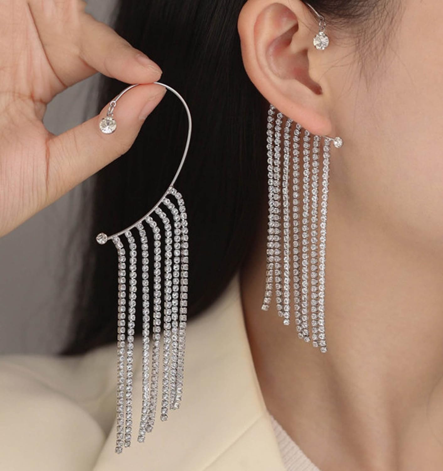 Boho Rhinestone Ear Cuff Long Crystal Tassel Dangle Earrings Gold Wedding Drop Crystal Chandelier Glitter Bridal Jewelry for Women and Girls - Image 3