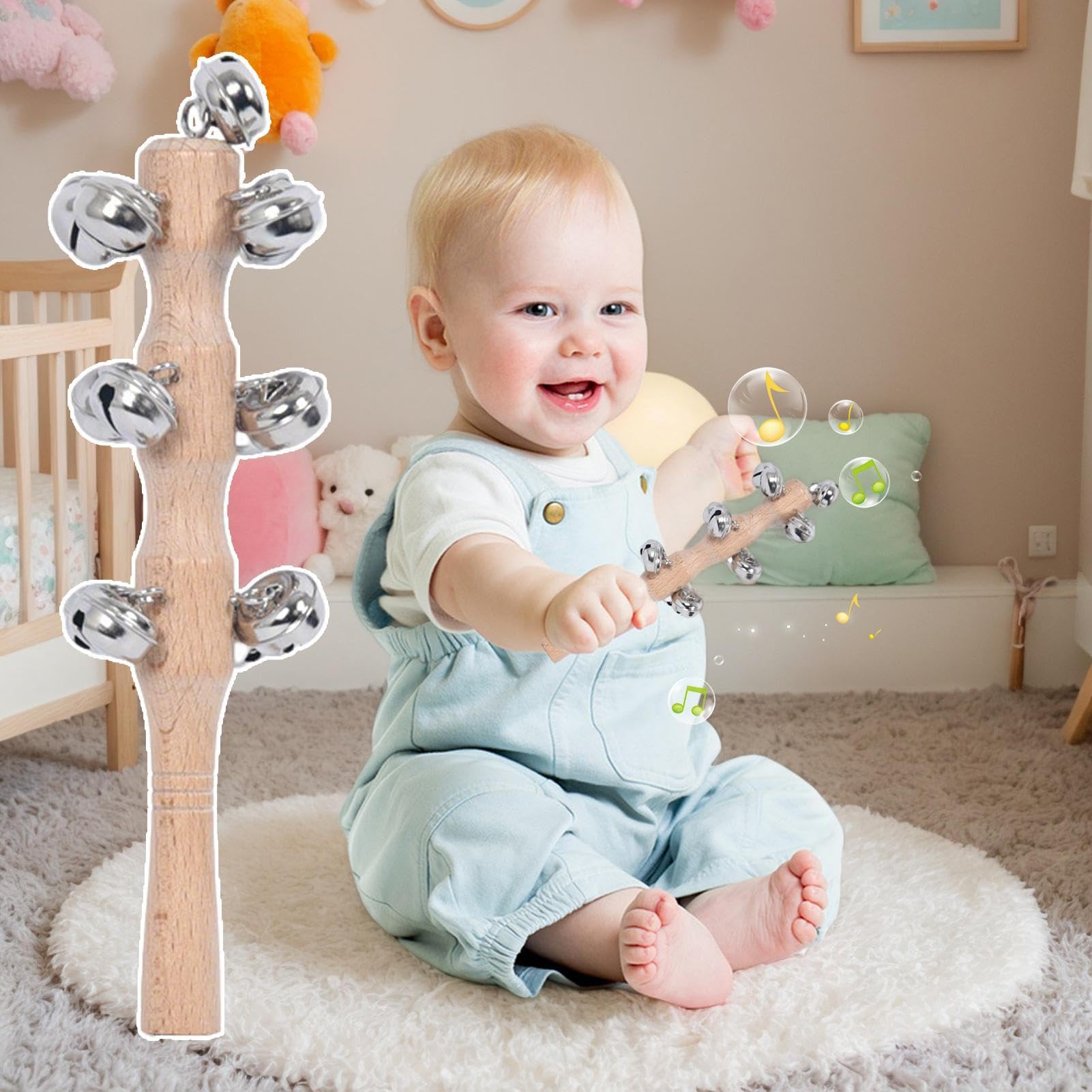 Jingle Stick, hölzerne Jingle Handglocken - Percussion Rassle Musical Shaker Toy - Bells bleiben mit Holzgriff für Tanzkonzerte Bühnenbildgeburtstag
