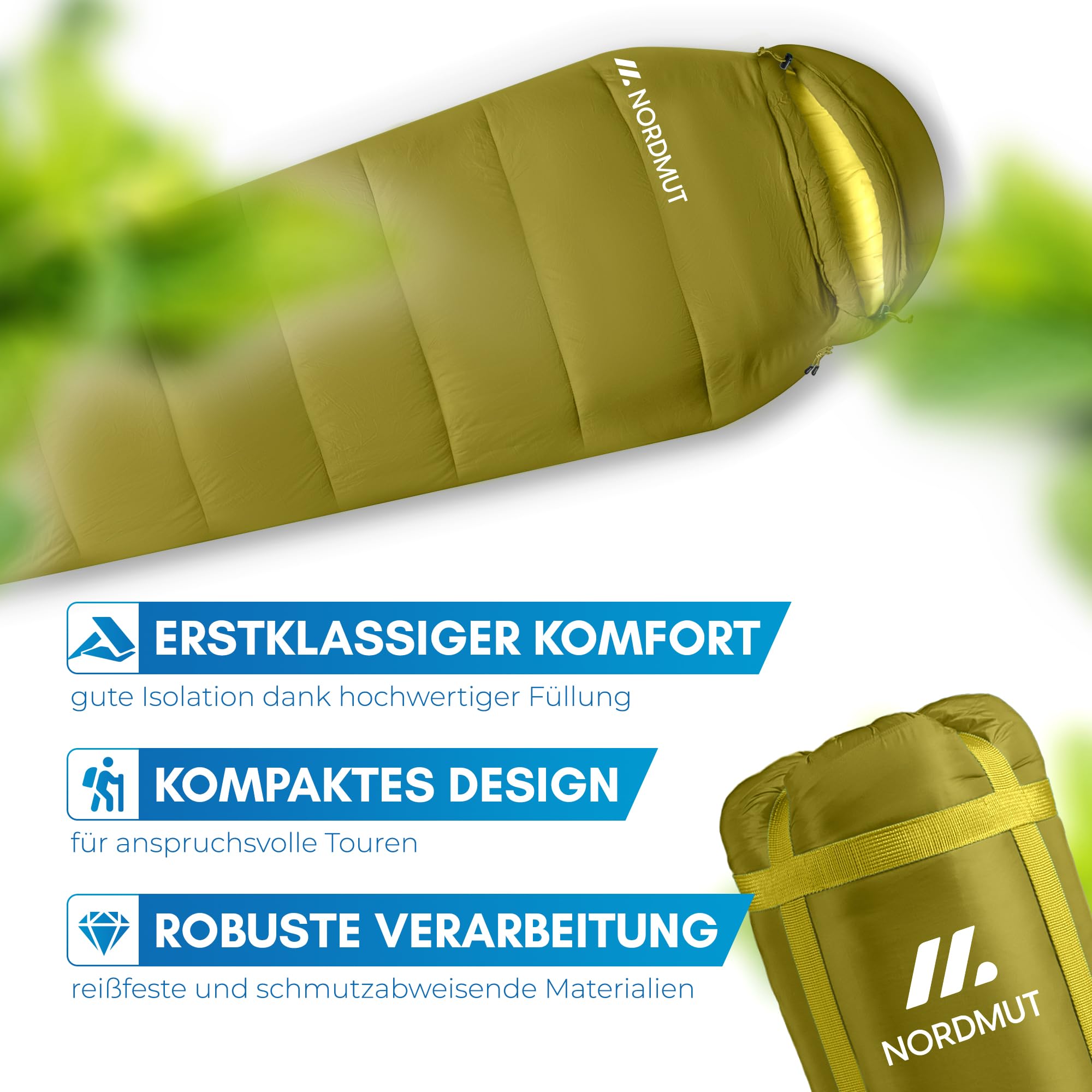 NORDMUT® Sacco a Pelo per Adulti – Dimensioni di Trasporto Ridotte & Ultra Leggero (900/1500 g) – 3 Stagioni (250 GSM) & Sacco a Pelo Estivo (100 GSM) – Mummia