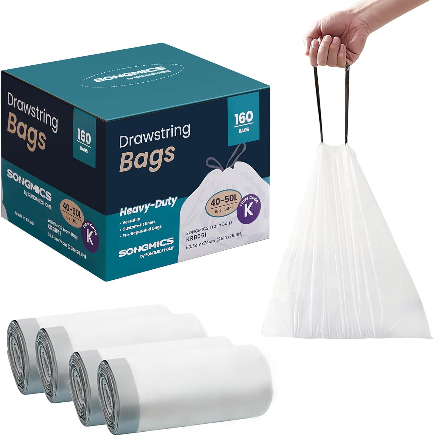 Songsmics 13-gallon trash bags with drawstring, 4 rolls, 160 count