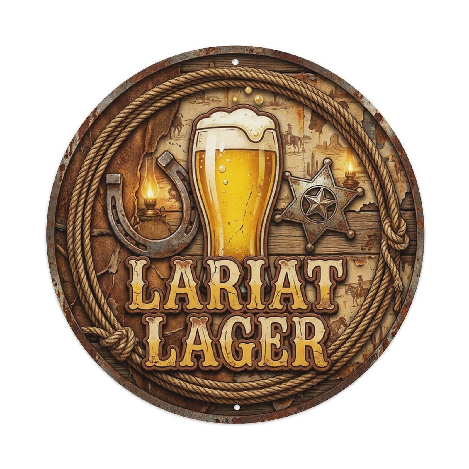 Vintage Beer Western Cowboy Lariat Lager Retro Bar for Pub Vintage Metal Tin Sign Plaque Wall Decor for Cafe, Club Bar, Office, Garden Metal Poster 8x8Inch