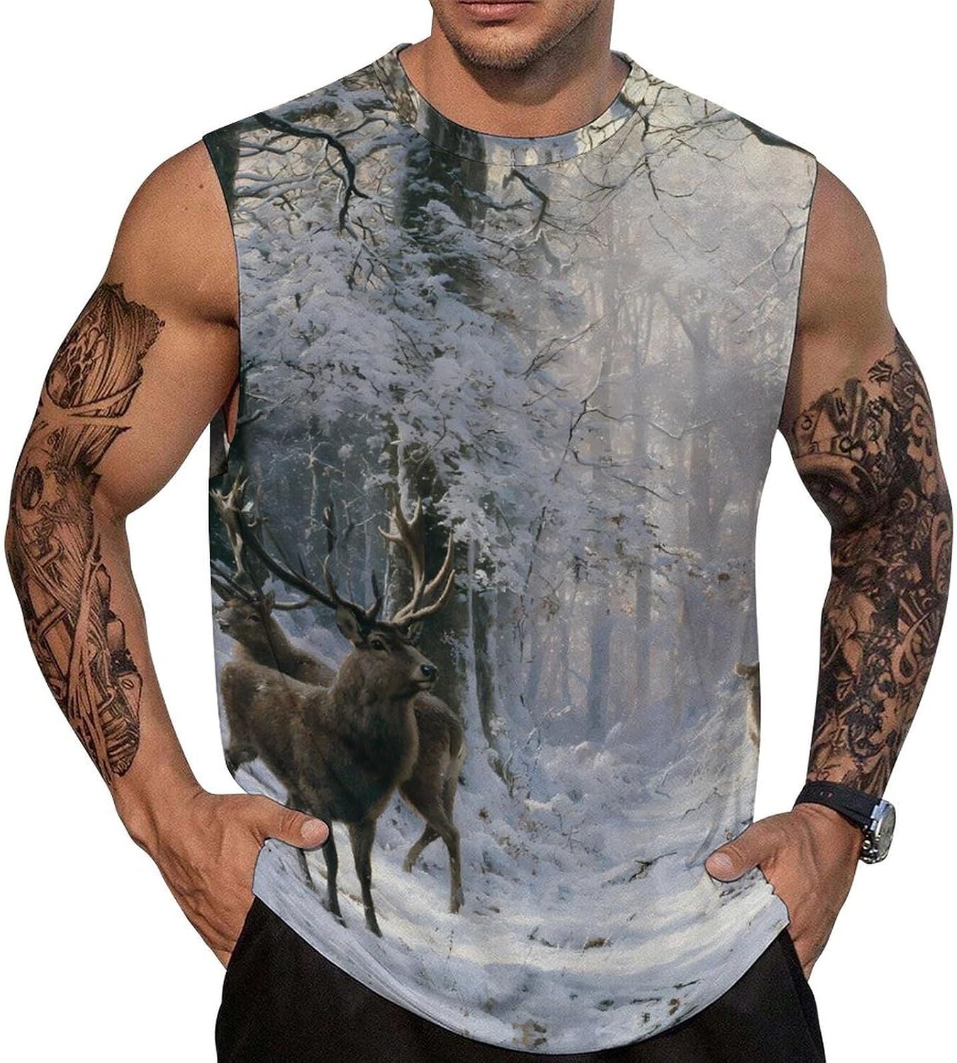 Deer Herd in Snowy Forests Men Summer Sleeveless Crew Neck Top 5XL