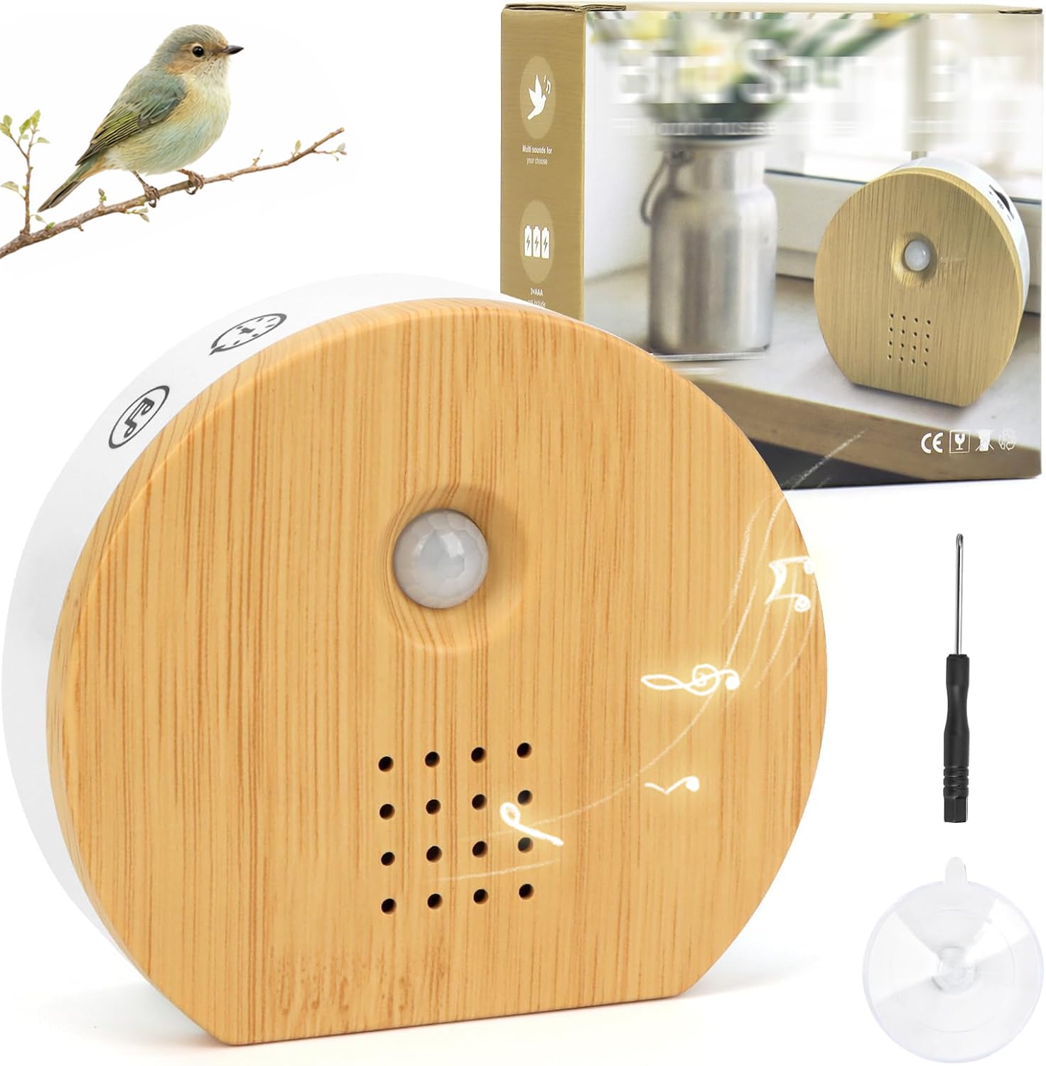 Boîte de chant d'oiseaux avec détecteur de mouvement et 11 sons naturels (chant d'oiseaux, son de la mer, pluie, bol tibétain), boîte sonore avec minuterie (2-60 min), crochet de