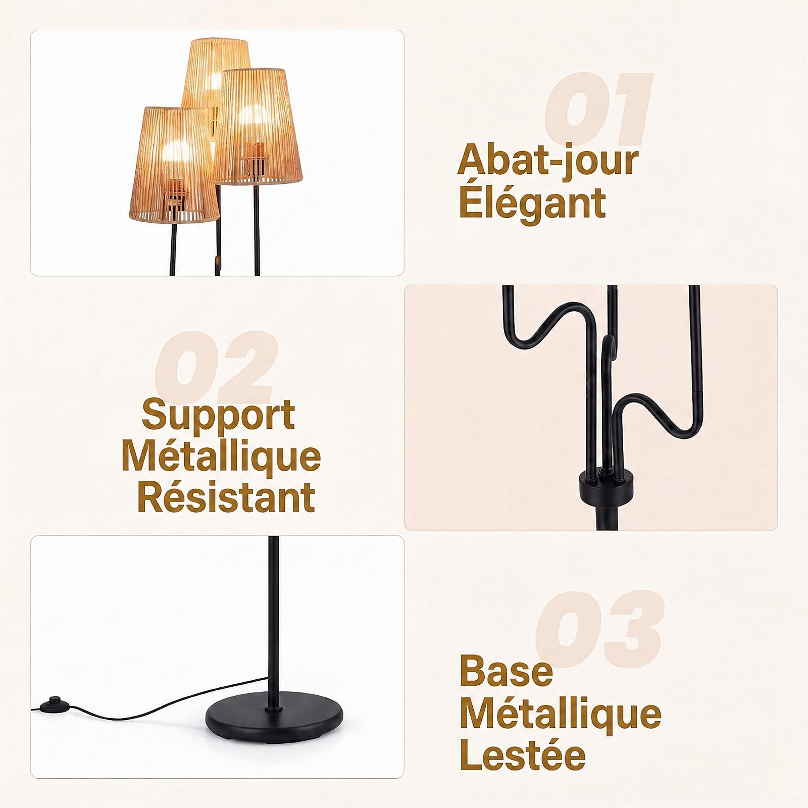 RELAX4LIFE Lampadaire sur Pied à 3 Lampes 175 CM avec Abat-Jours Tressés