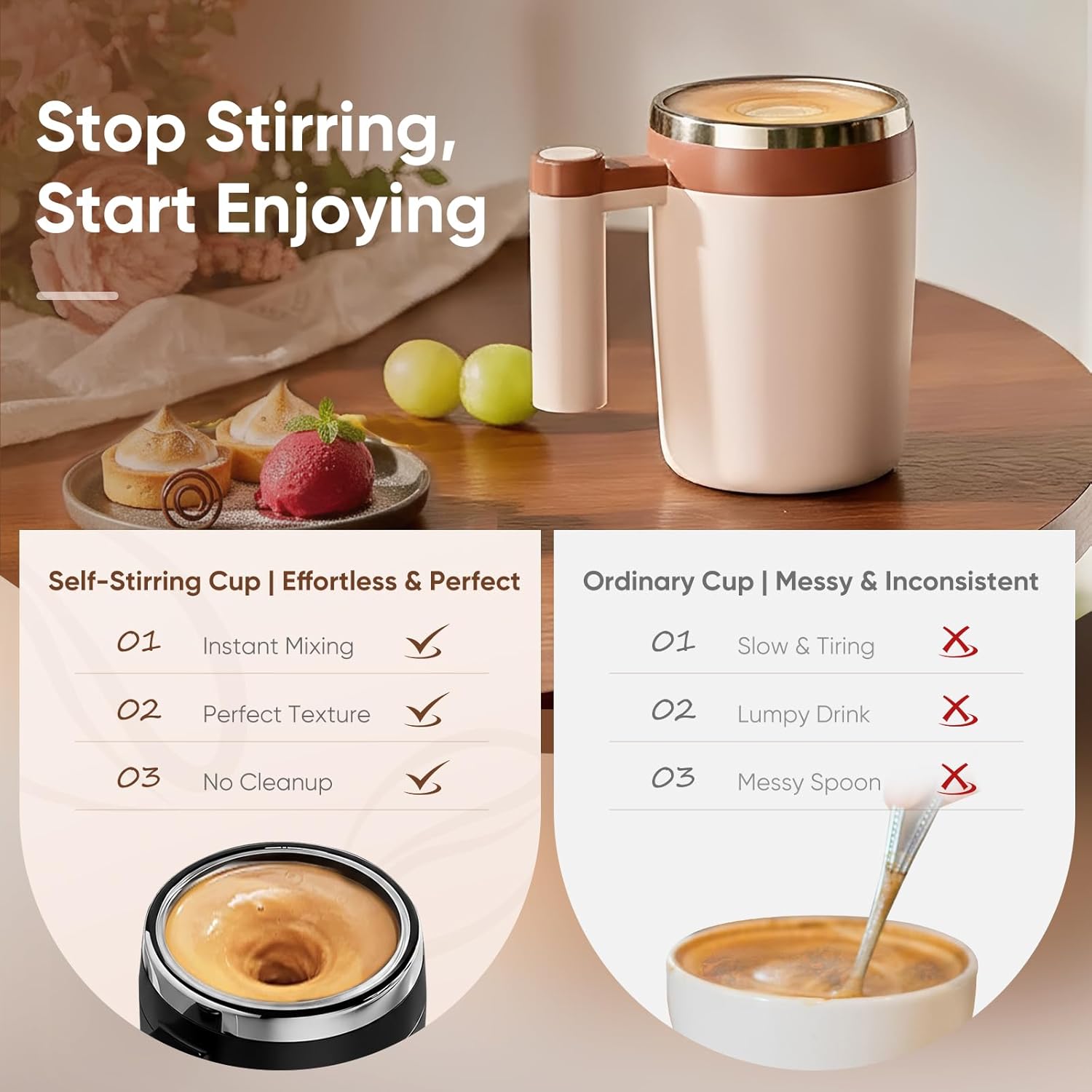 BECOMFY Self Stirring Coffee Mug, Automatic Magnetic Stirring Coffee Cup with Leak-Proof Lid Reusable Stainless Steel Mixing Mug for Travel, Office, Home - No Spoon Needed, Ideal Gift (Brown) - Image 3