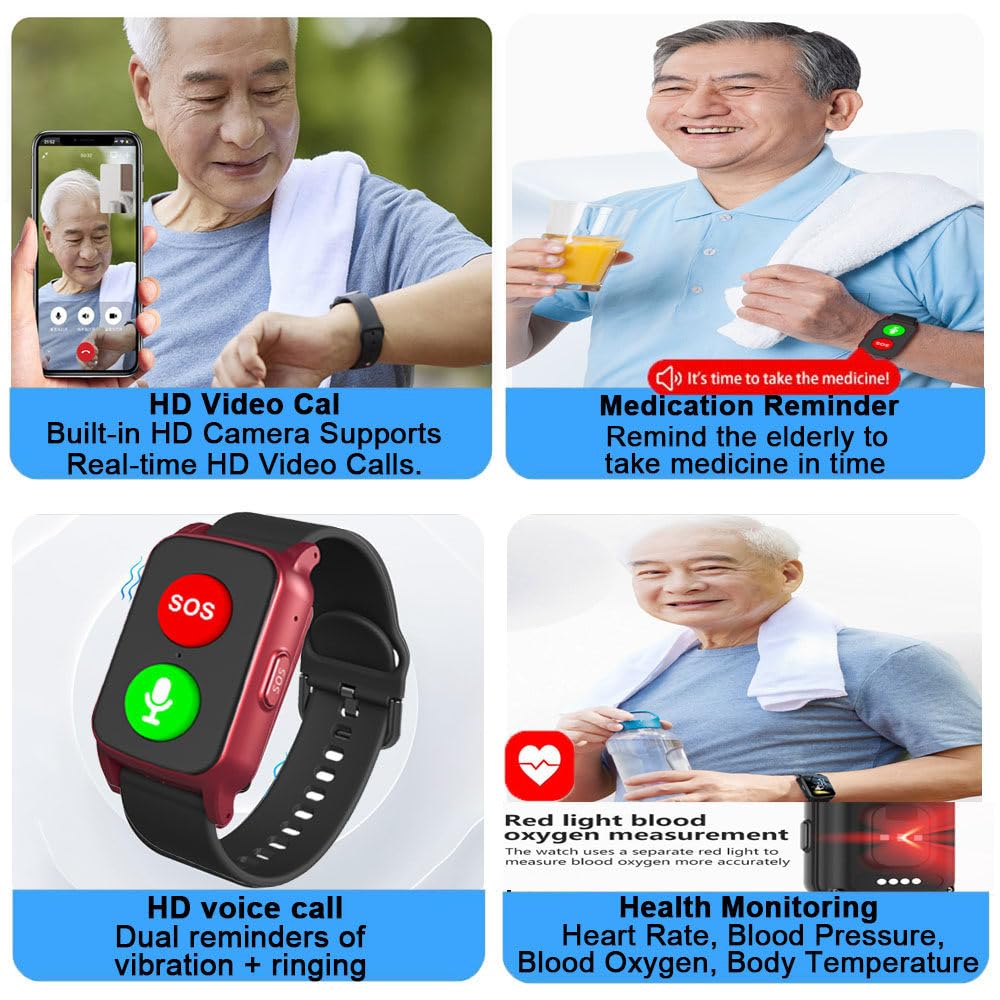 Zegarek alarmowy dla seniorów, zegarek awaryjny z czujnikiem upadku i lokalizatorem GPS, połączenie alarmowe SOS i monitorowanie zdrowia, dwukierunkowa telefonia, IP67, wodoodporny do
