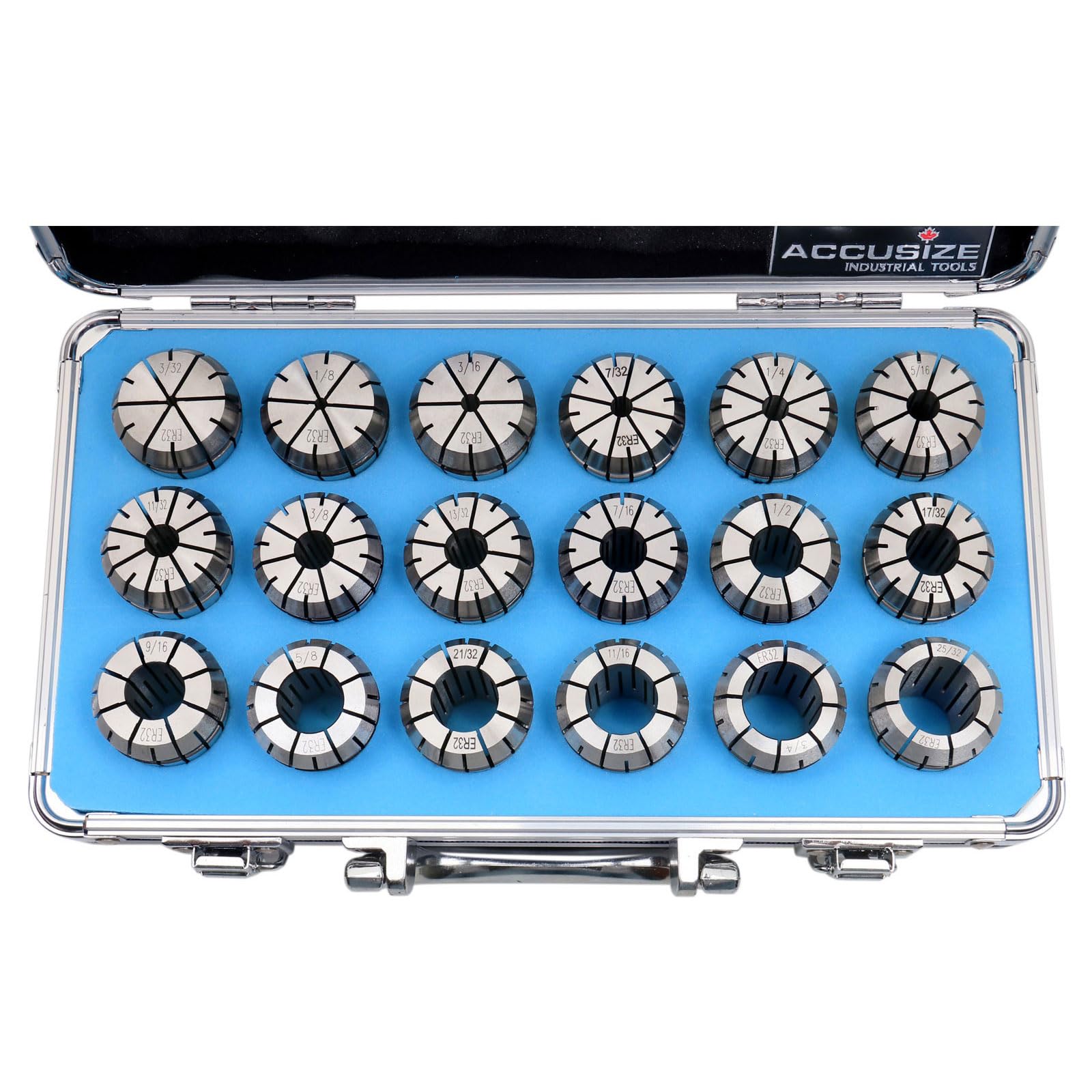 Accusize Industrial Tools 18-częściowy zestaw tulei zaciskowych Er32, rozmiar od 3/32'' do 25/32'' w dopasowanym mocnym pudełku, 0223-0880
