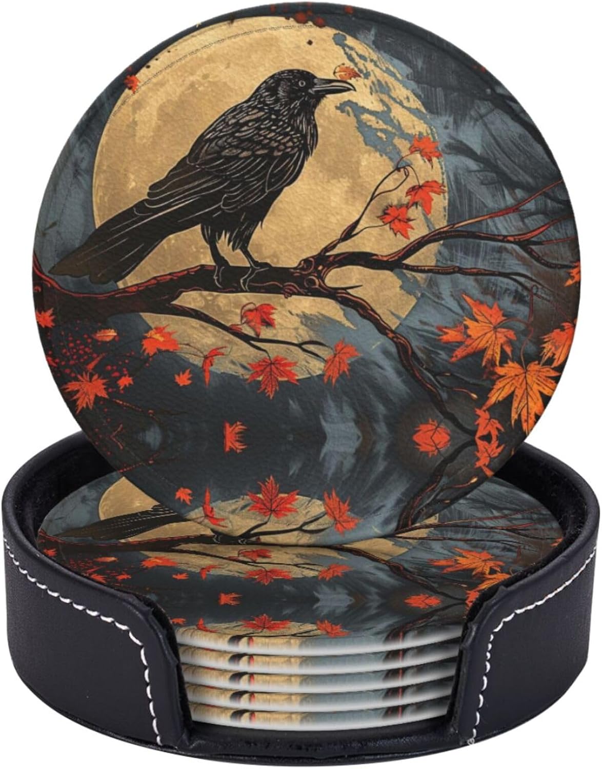 6 Pcs A Crow Perches On A Branch Leather Coasters for Drinks with Holder Round Mug Mat Table Desk Coasters Set Cup Coasters for Living Room Kitchen Coffee Decor