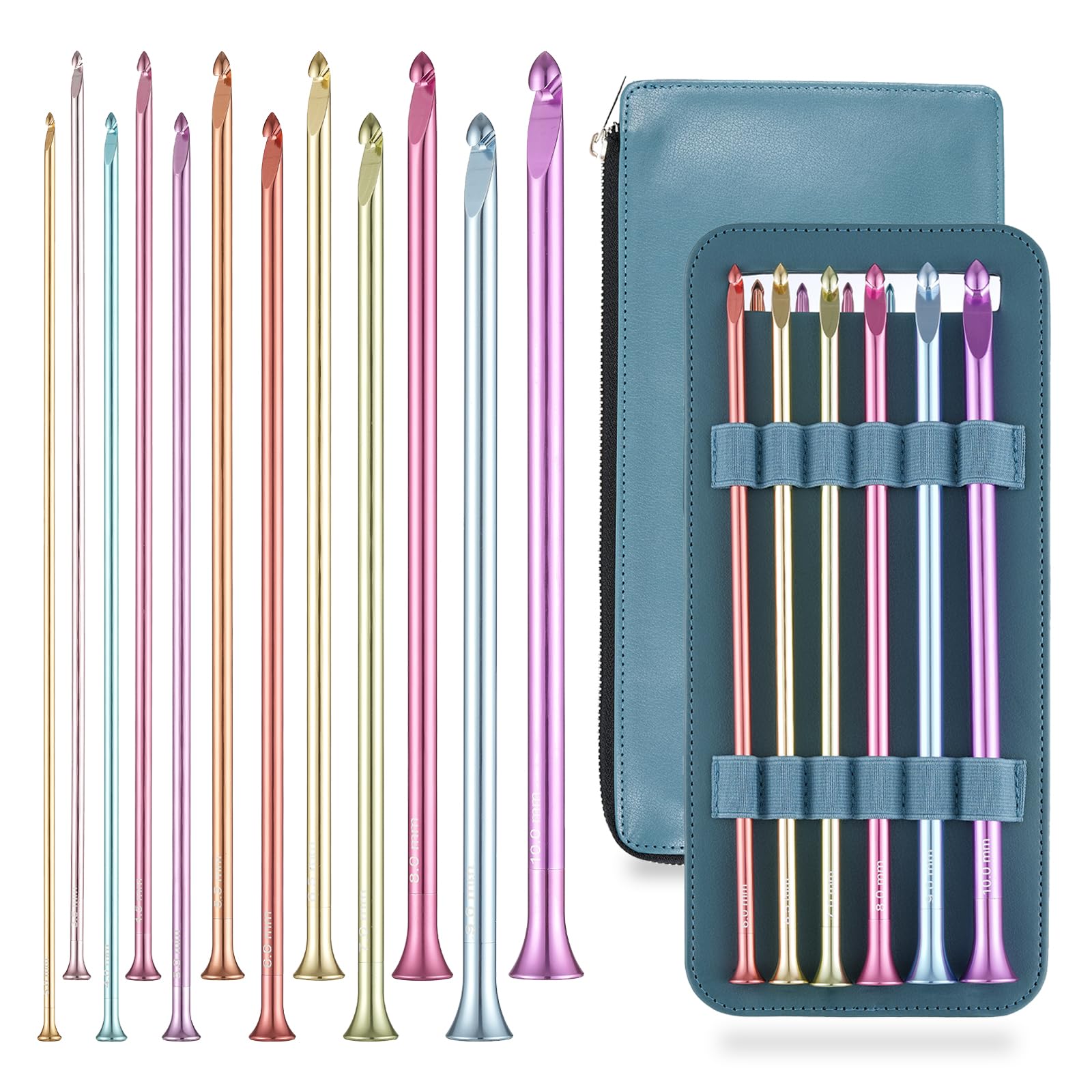 12-Piece Extra Long Tunisian Afghan Crochet Hooks Set, 9.5-Inch (24cm) Crochet Hook Ergonomic, Sizes US 2.5-15 (3mm-10mm), with Leather Case for Crocheting