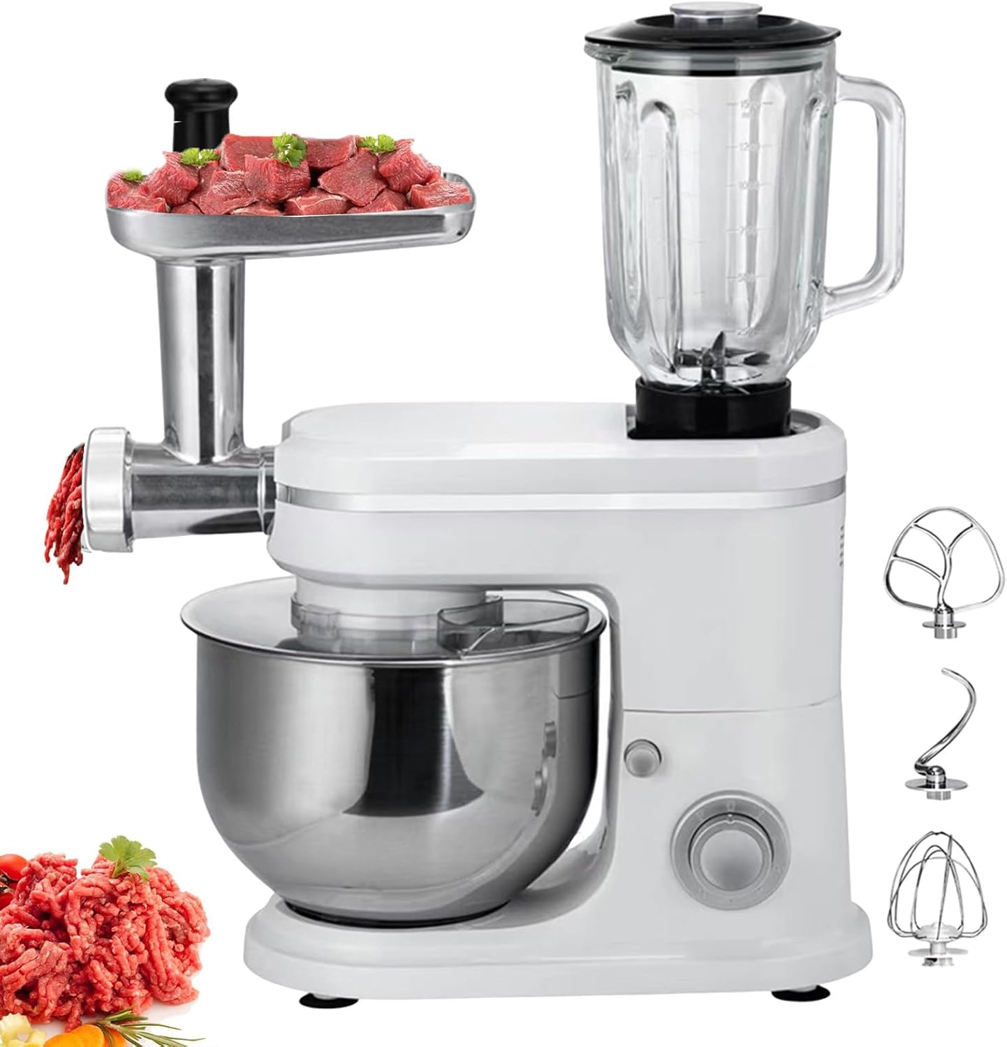 3-In-1 Household Stand Mixers with 6L Stainless Steel Bowl, Stand Mixer With Blender And Meat Grinder, Electric Chopper For Meat Veget, with Meat Grinder/Stirring Stick/Kneading Stick,White，White