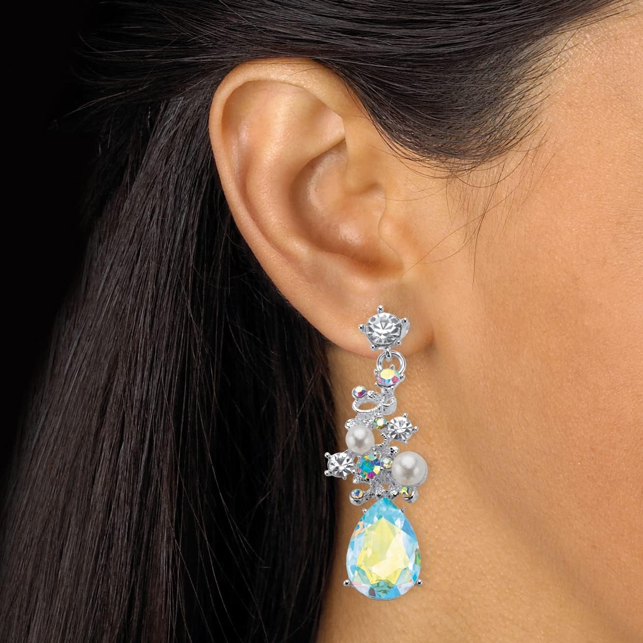 PalmBeach Jewelry Silver Tone Pear Cut Aurora Borealis Crystal Bib Necklace and Earring Set, 18" plus 2" extension