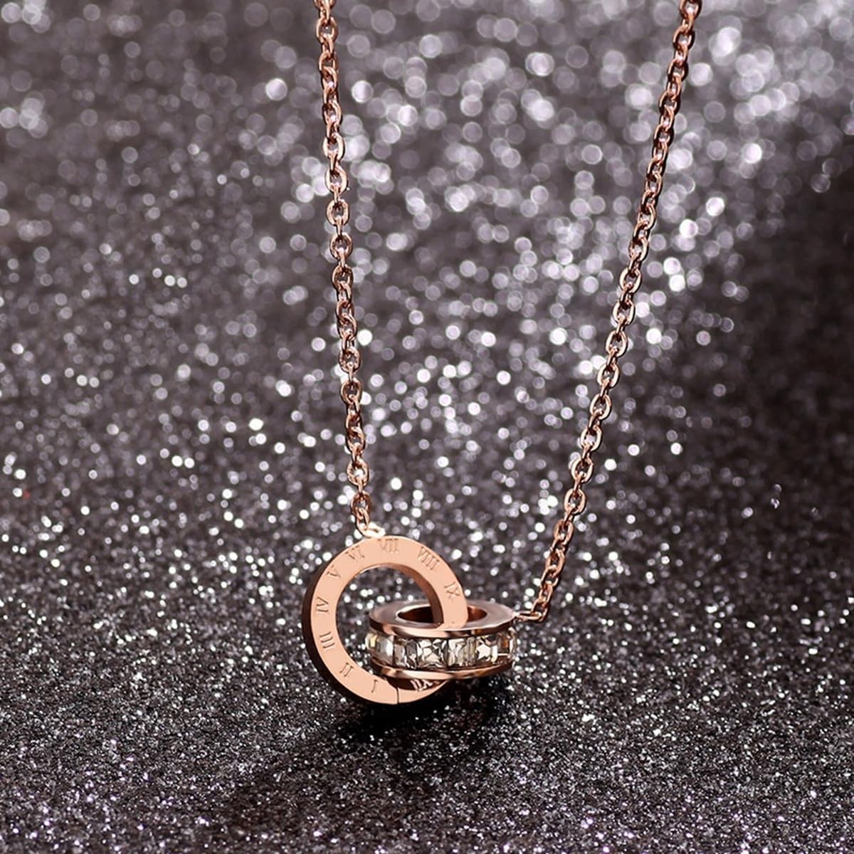 Roman Numeral Double Ring Pendant Necklace – Titanium Steel Rose Gold Interlocking Circles with Crystals, Hypoallergenic Chain, Elegant Gift for Women, Anniversary Jewelry - Image 4