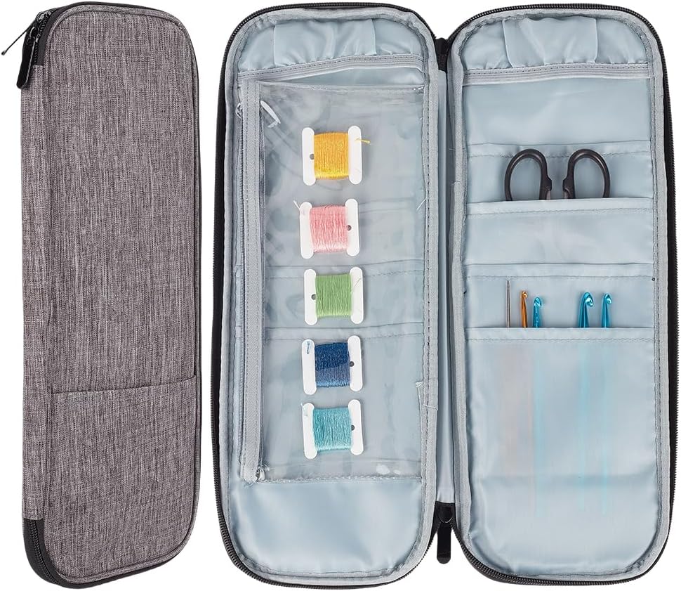 Gray Rectangle Crochet Needle Storage Case Organizer Bag Knitting Needles Cases Organizers Holder Zipper Bags with Mesh Pockets for Knitting Accessories Crochet Kit Tools