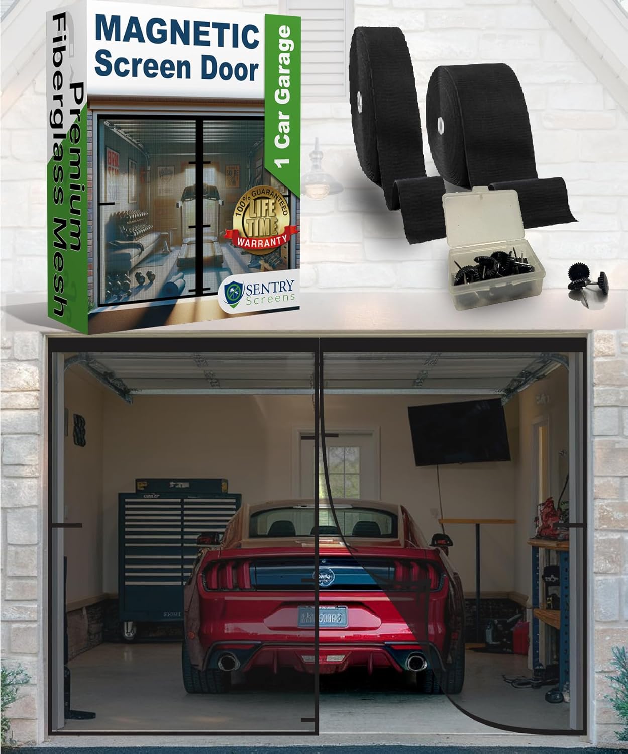 Garage Door Screen 1 Car with Retractable Fiberglass Mesh – Magnetic Closure and Weighted Bottom – Simple Install no Tools – Tie-Back Retractable Design – 7’h x 10’w by Sentry Screens