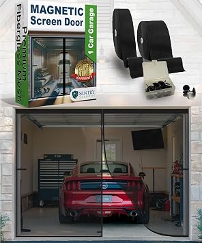 1 Car Garage Door Screen Magnetic Self-Closure- Retractable Fiberglass Mesh