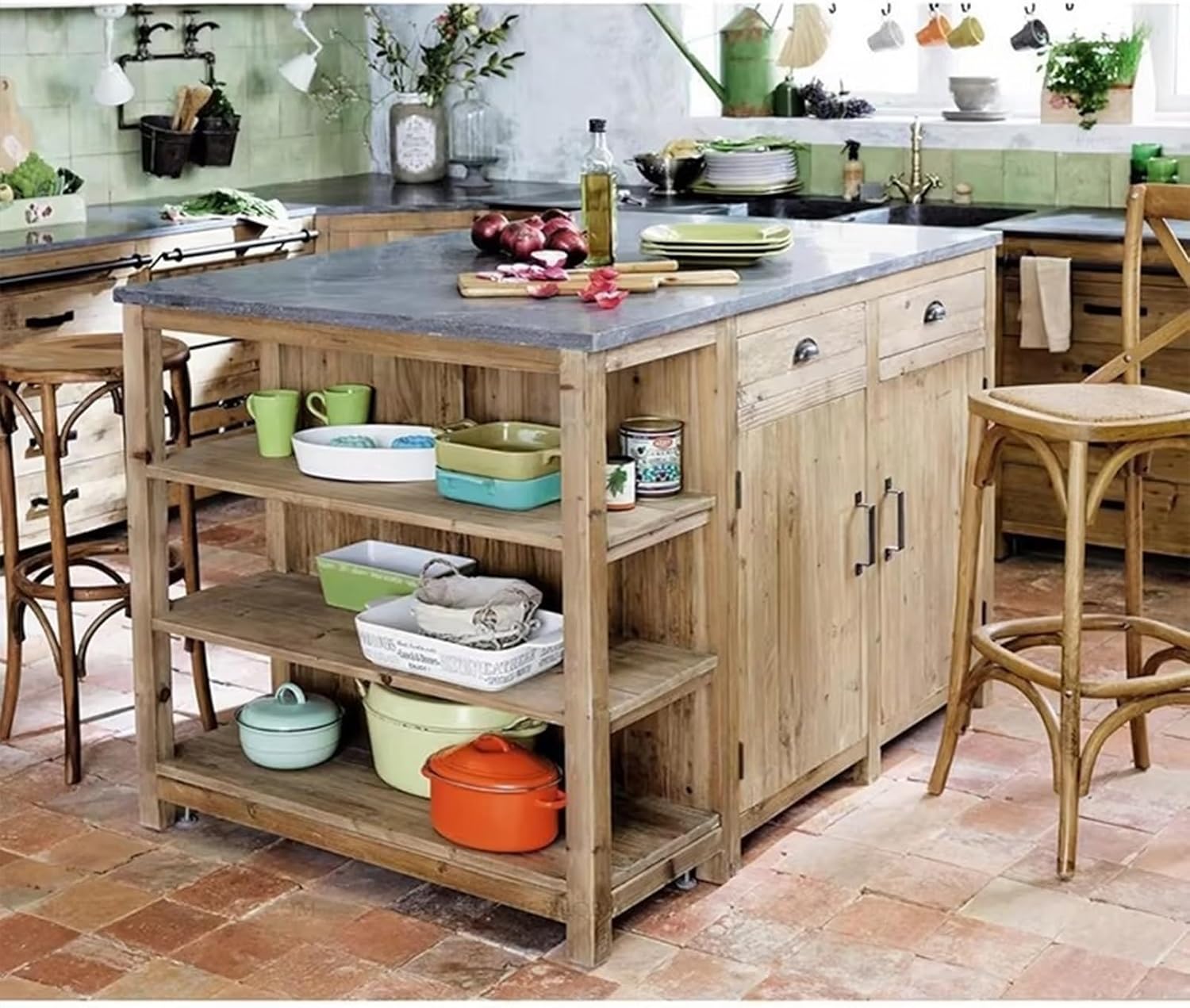 Storage Trolley Wood Kitchen Island with Stone Top Drawers Cabinets & Open Shelves Rustic Farmhouse Shelving Organizer